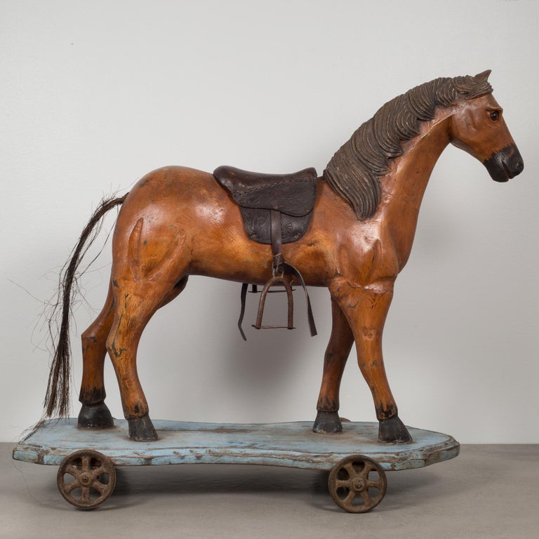 Handmade Leather and Wood Horse Pull Toy, circa 1950 For ...