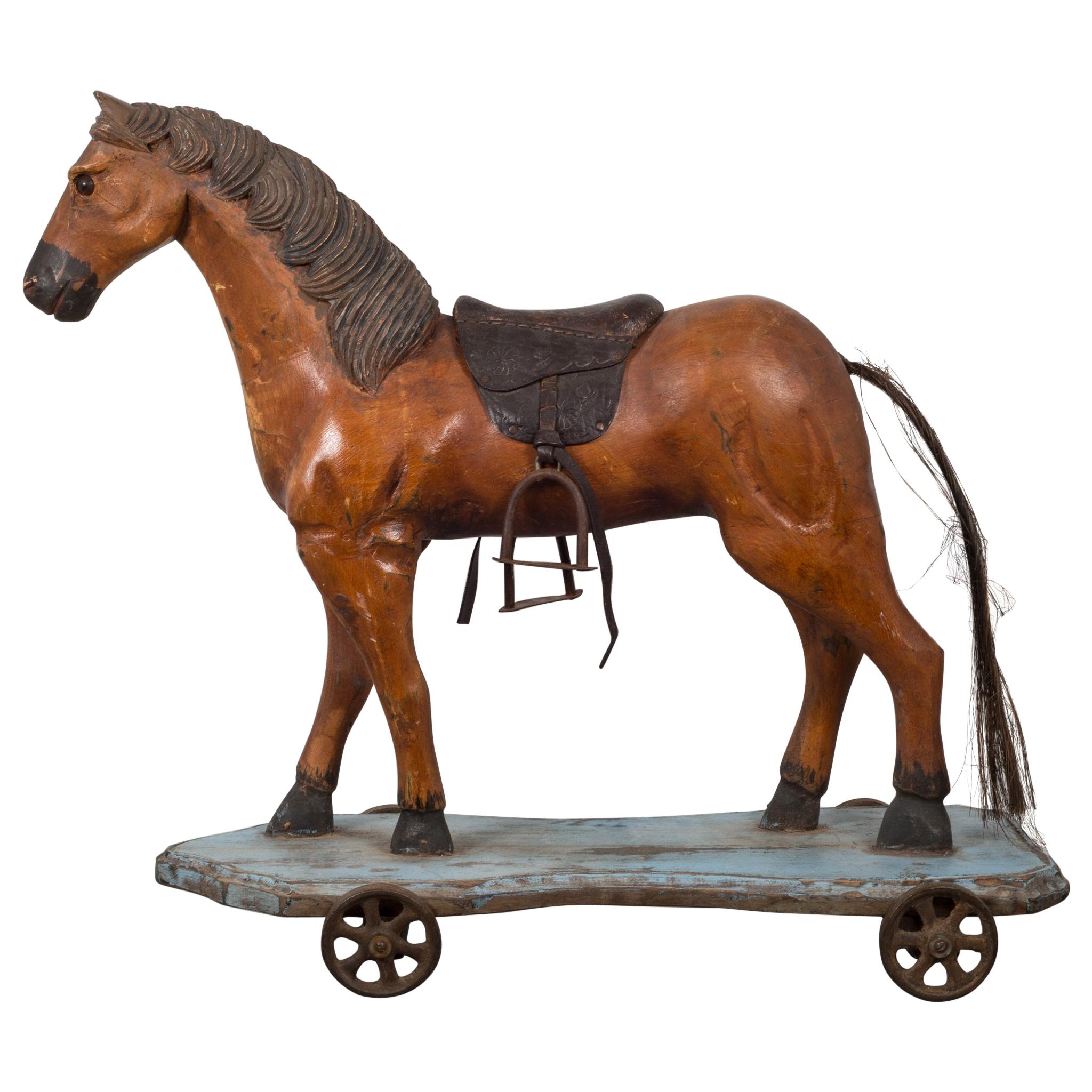 Handmade Leather and Wood Horse Pull Toy, circa 1950