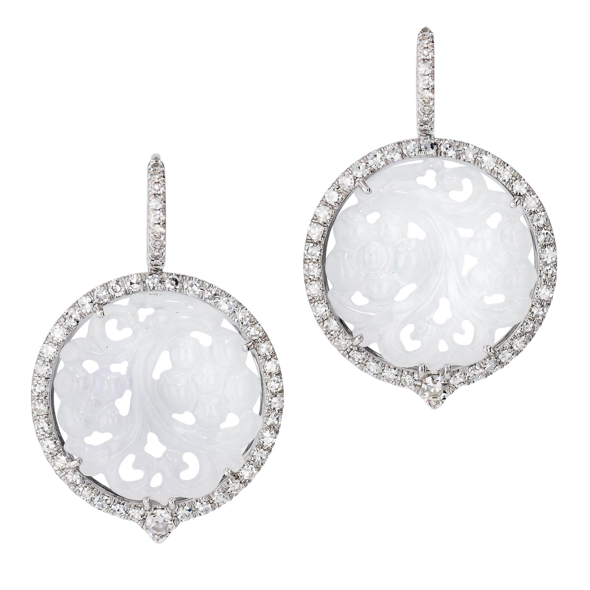 Brilliant Cut Handmade Icy Jadeite and Diamond White Gold Drop Earrings For Sale