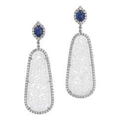 Handmade Icy Jadeite Blue Sapphire Diamond Pave Halo White Gold Drop Earrings