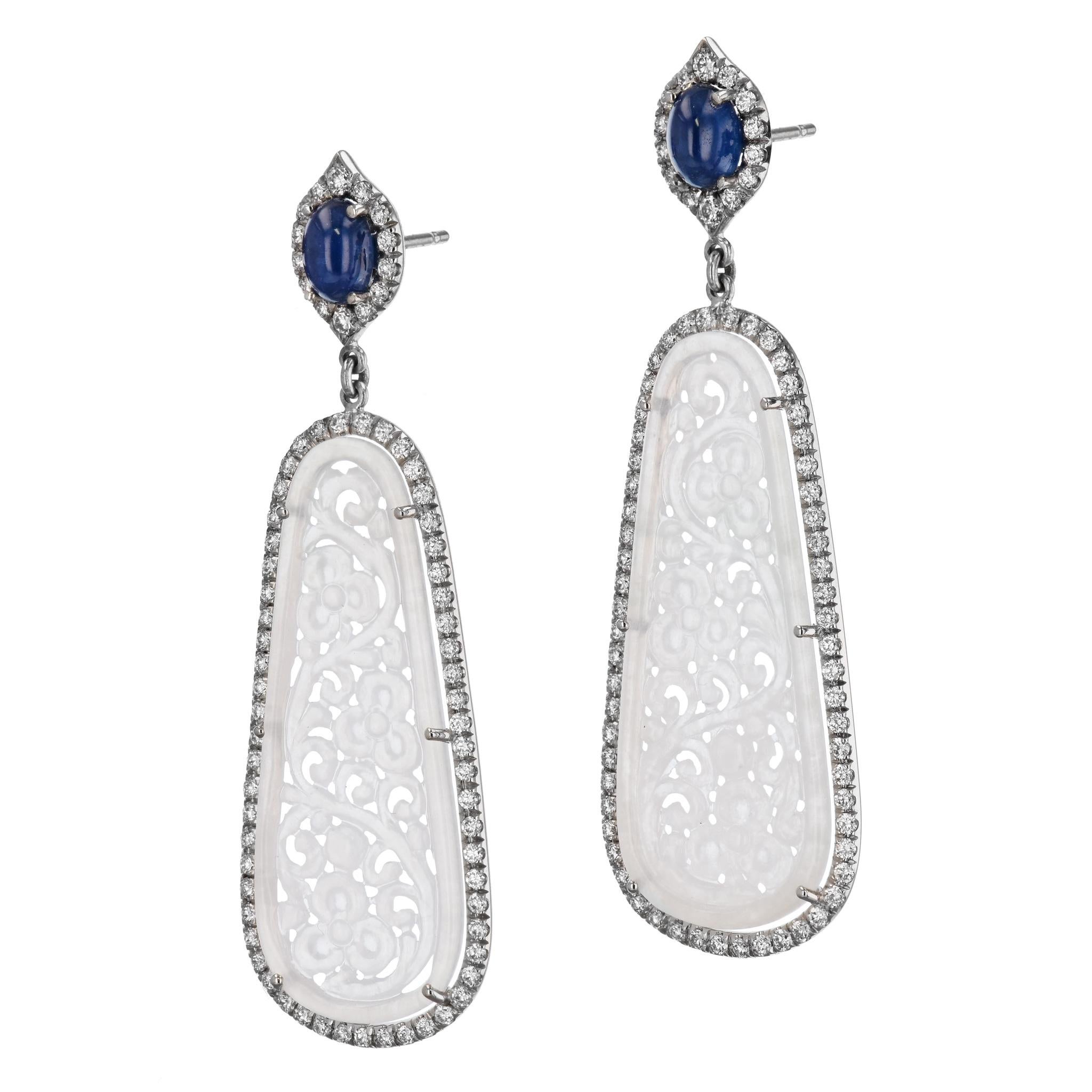 Handmade Icy Jadeite Blue Sapphire Diamond Pave Halo White Gold Drop Earrings In New Condition For Sale In Miami, FL