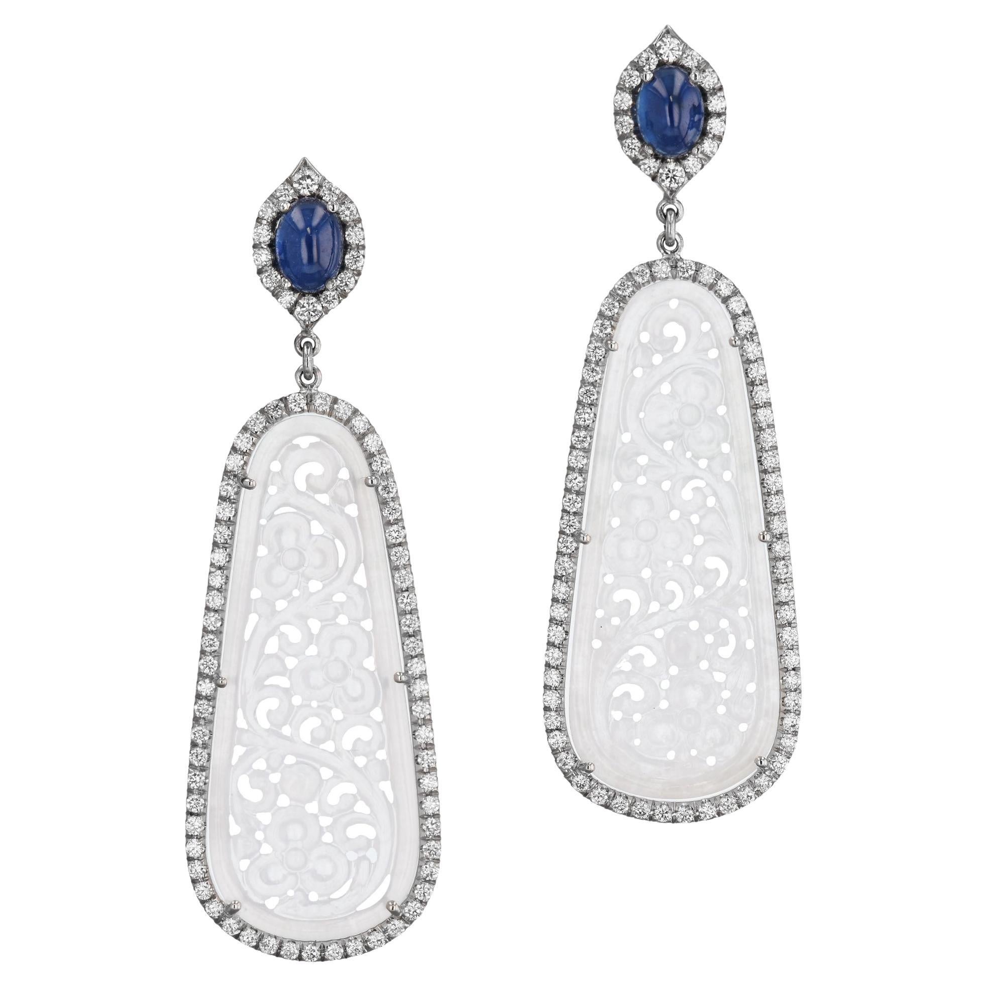 Handmade Icy Jadeite Blue Sapphire Diamond Pave Halo White Gold Drop Earrings For Sale