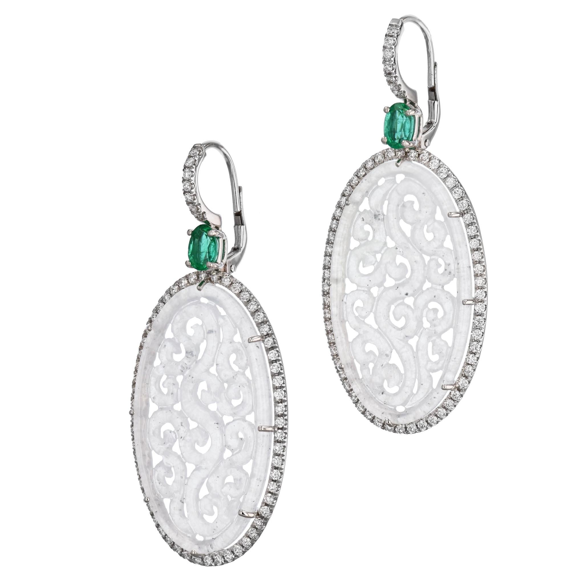 Women's Handmade Icy Jadeite Slices Zambian Emerald Diamond Pave Drop 18 Karat Earrings For Sale