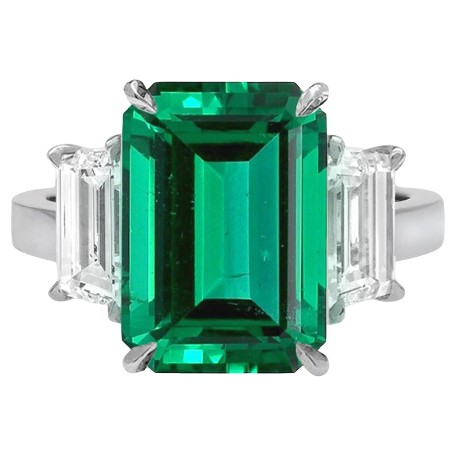 GIA Certified 7.74 Carat Green Emerald Diamond Platinum Ring For Sale