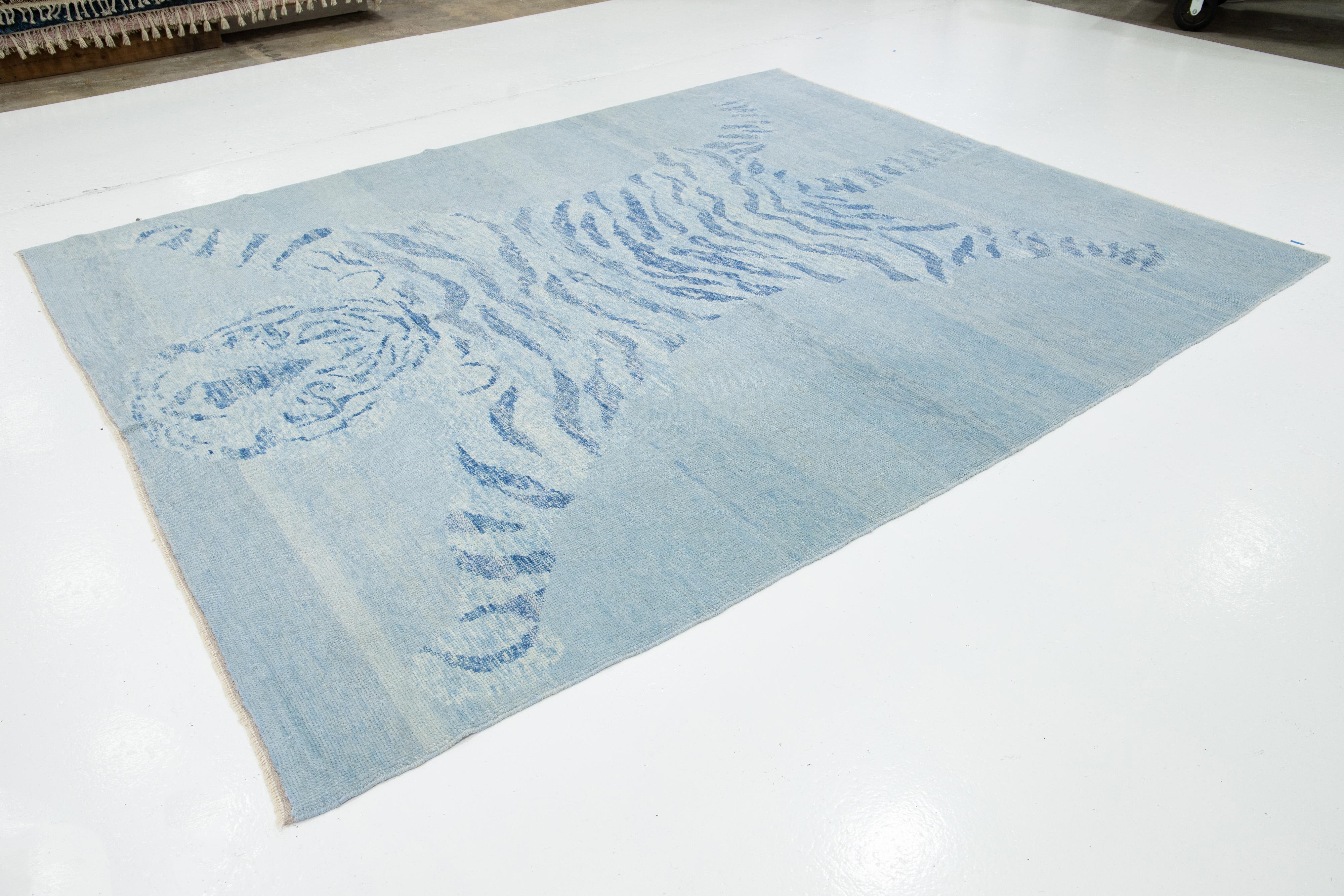 Hand-Knotted Handmade In Light Gray Modern Wool Rug with a Tiger Design For Sale