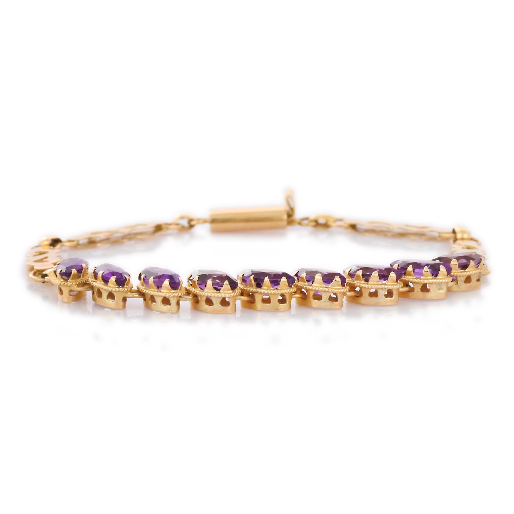 Art Deco Handmade Inclined 5 ct Amethyst Chain Bracelet in 18K Yellow Gold  For Sale