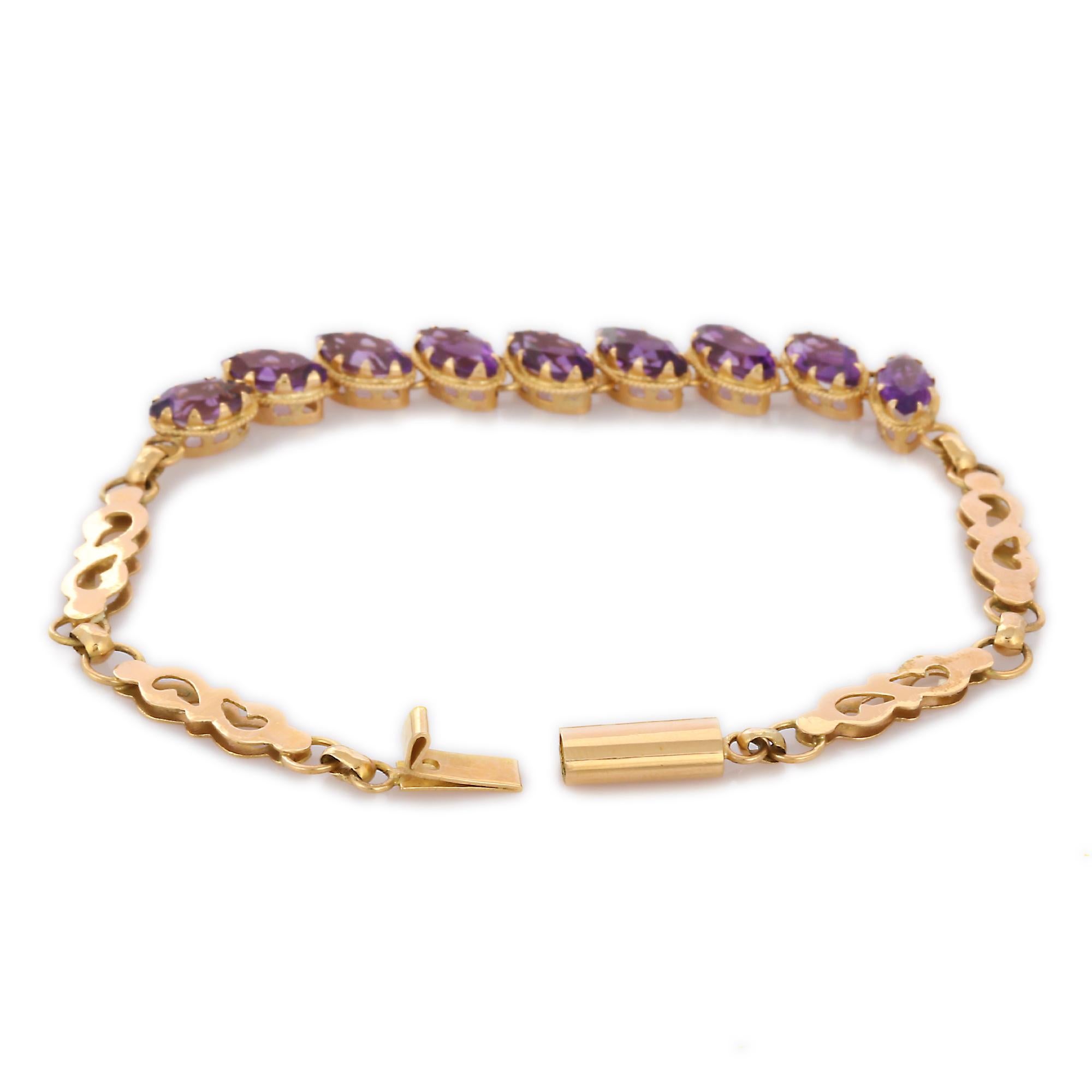 Handmade Inclined 5 ct Amethyst Chain Bracelet in 18K Yellow Gold  In New Condition For Sale In Houston, TX