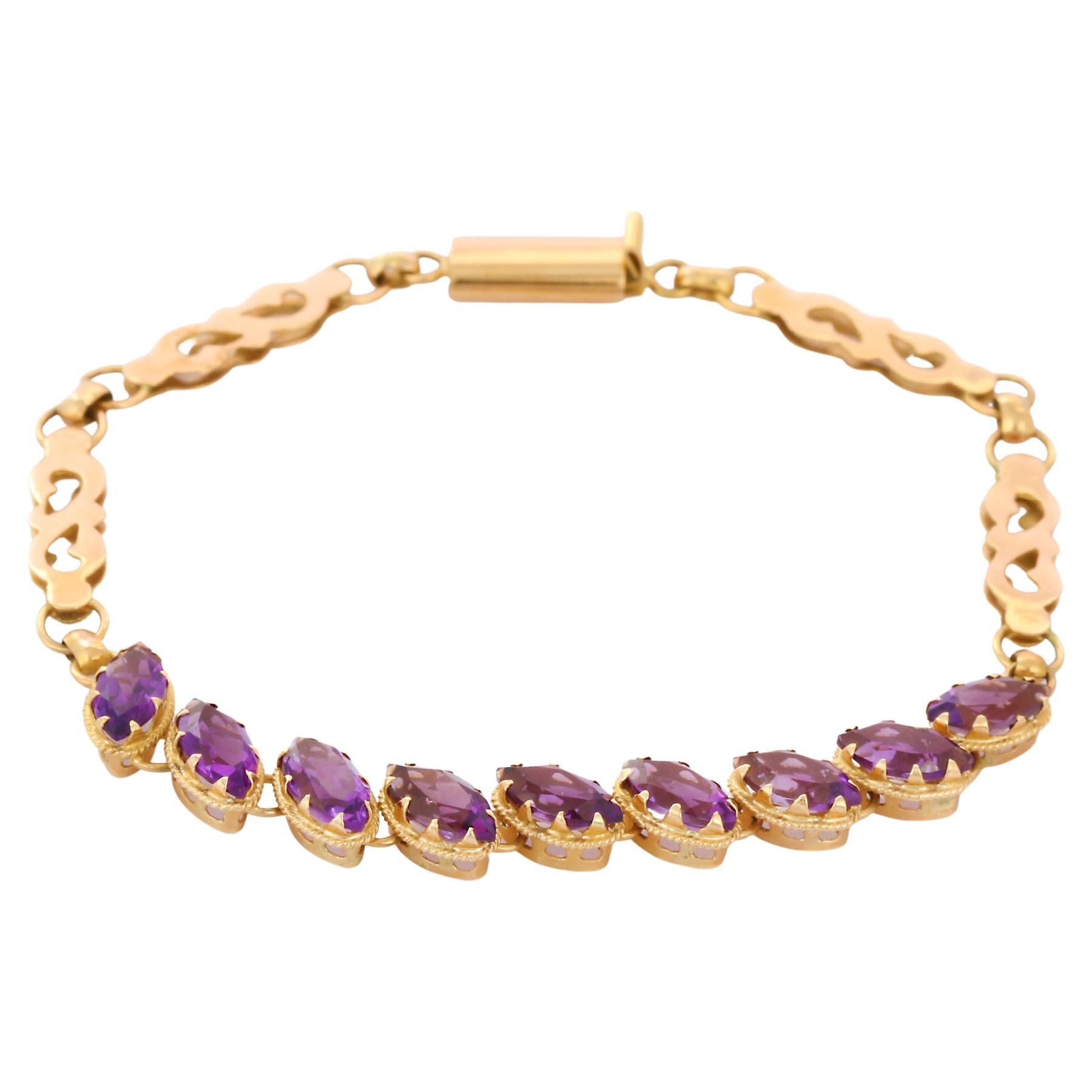 Handmade Inclined 5 ct Amethyst Chain Bracelet in 18K Yellow Gold