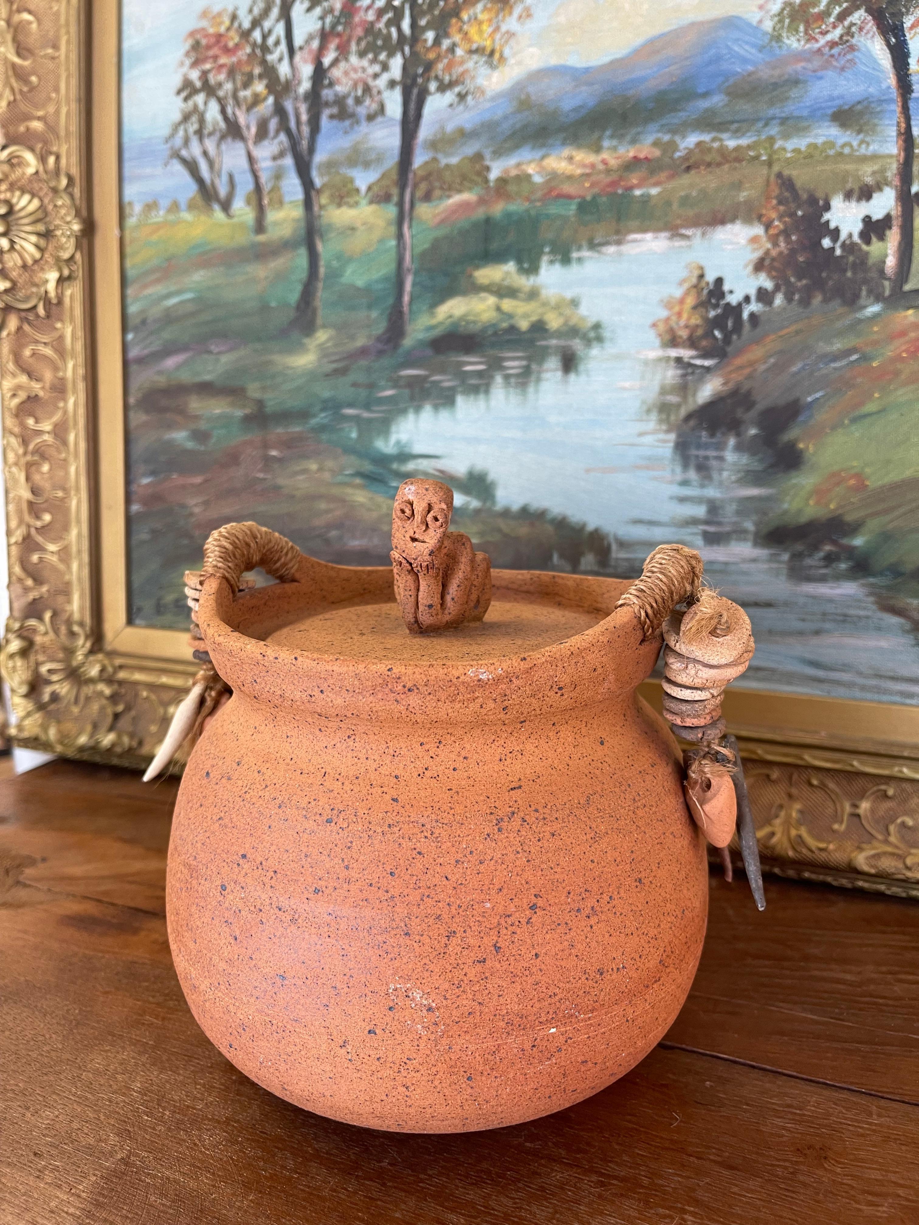 Mid-Century Modern Handmade Indonesian Terracotta Lidded Jar with Beaded Raffia Accents For Sale