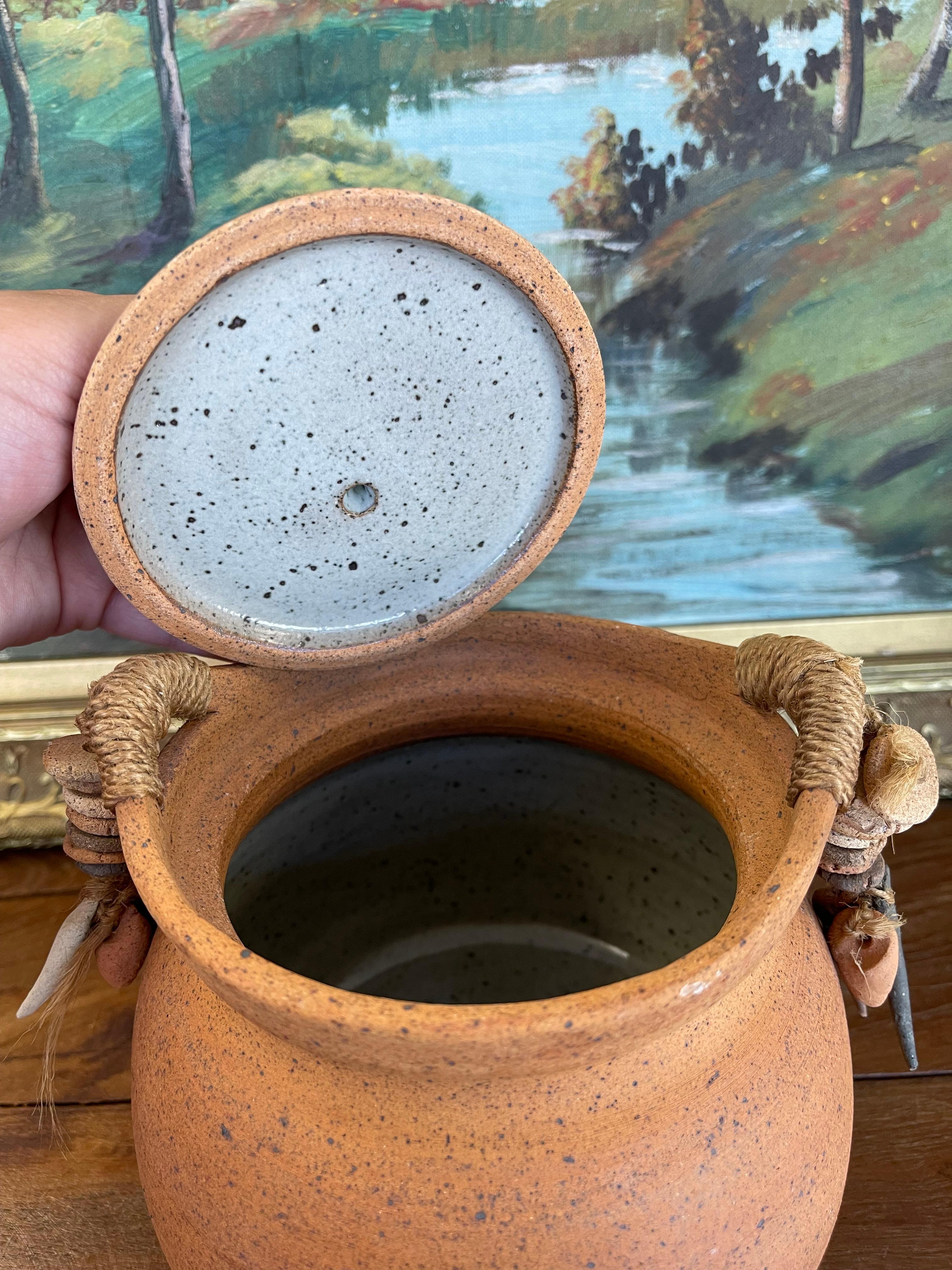 Handmade Indonesian Terracotta Lidded Jar with Beaded Raffia Accents For Sale 2