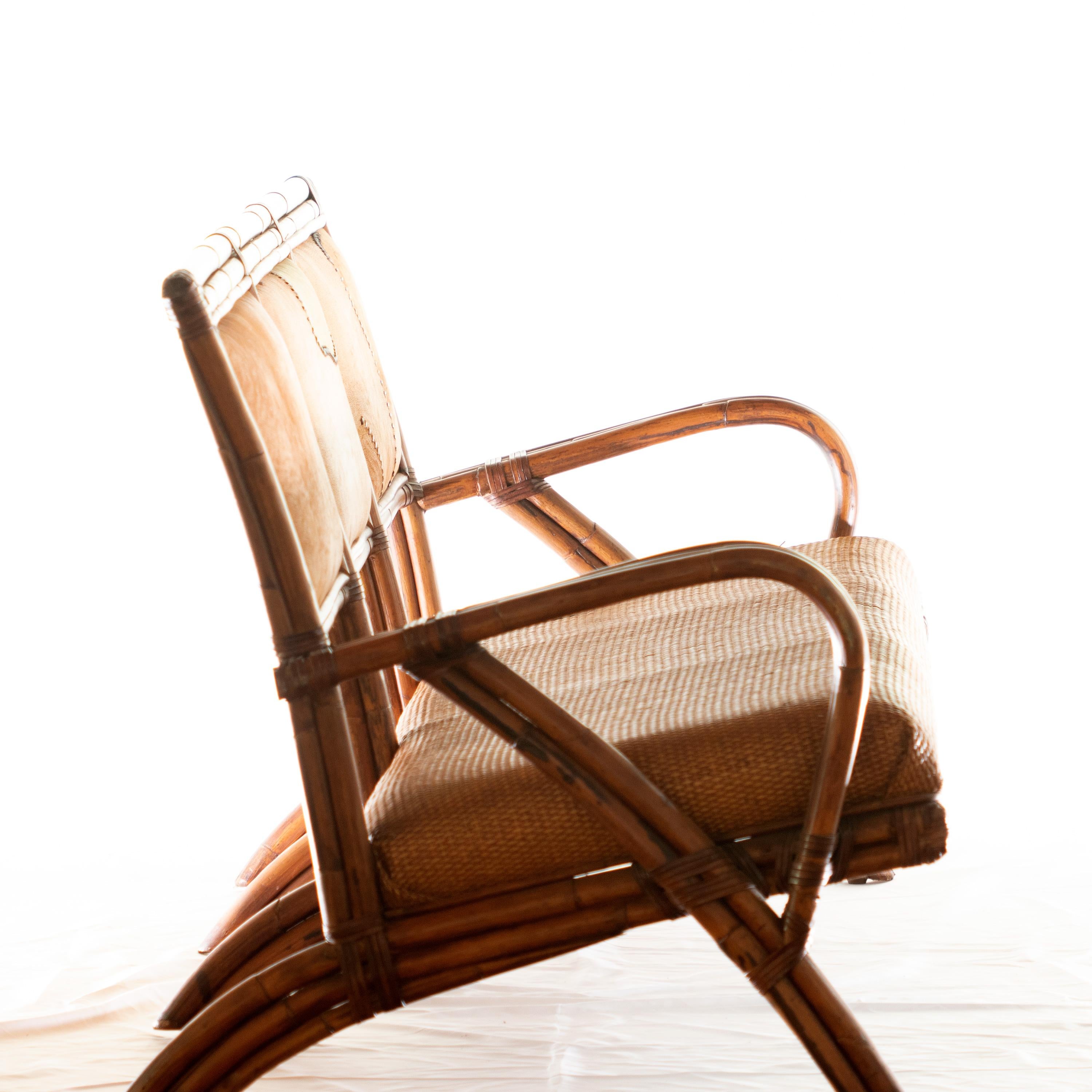 Late 20th Century Handmade Indoors Outdoors Big Leather Wood Bamboo Rattan Sofa Kalma Furniture For Sale