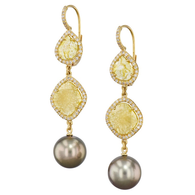 Handmade Intense Yellow Diamond Slice Earrings with Tahitian Pearls at