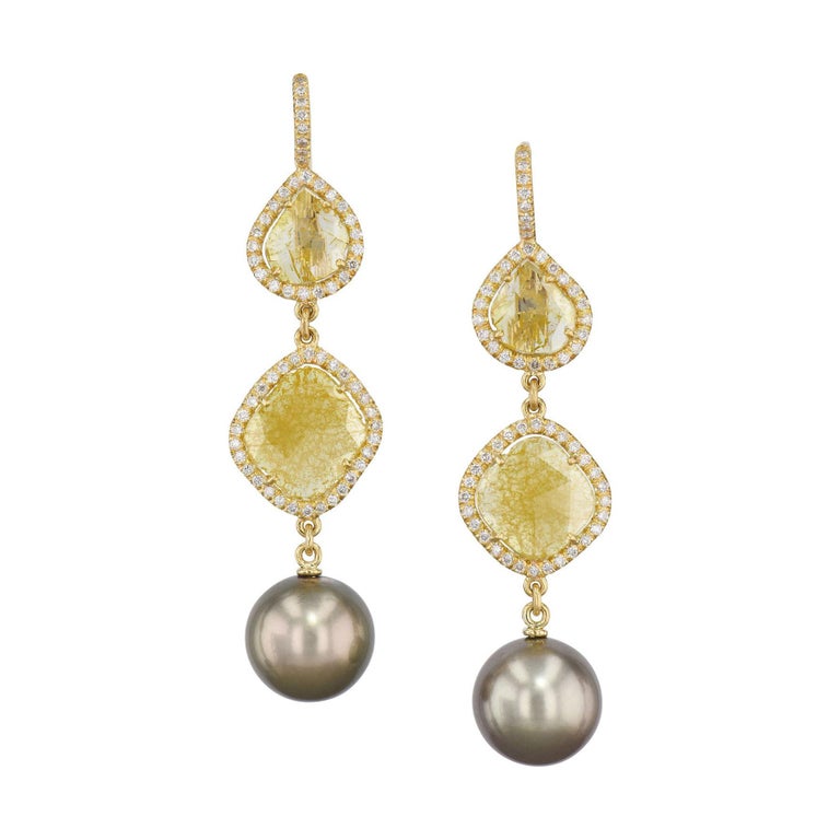 Handmade Intense Yellow Diamond Slice Earrings with Tahitian Pearls at
