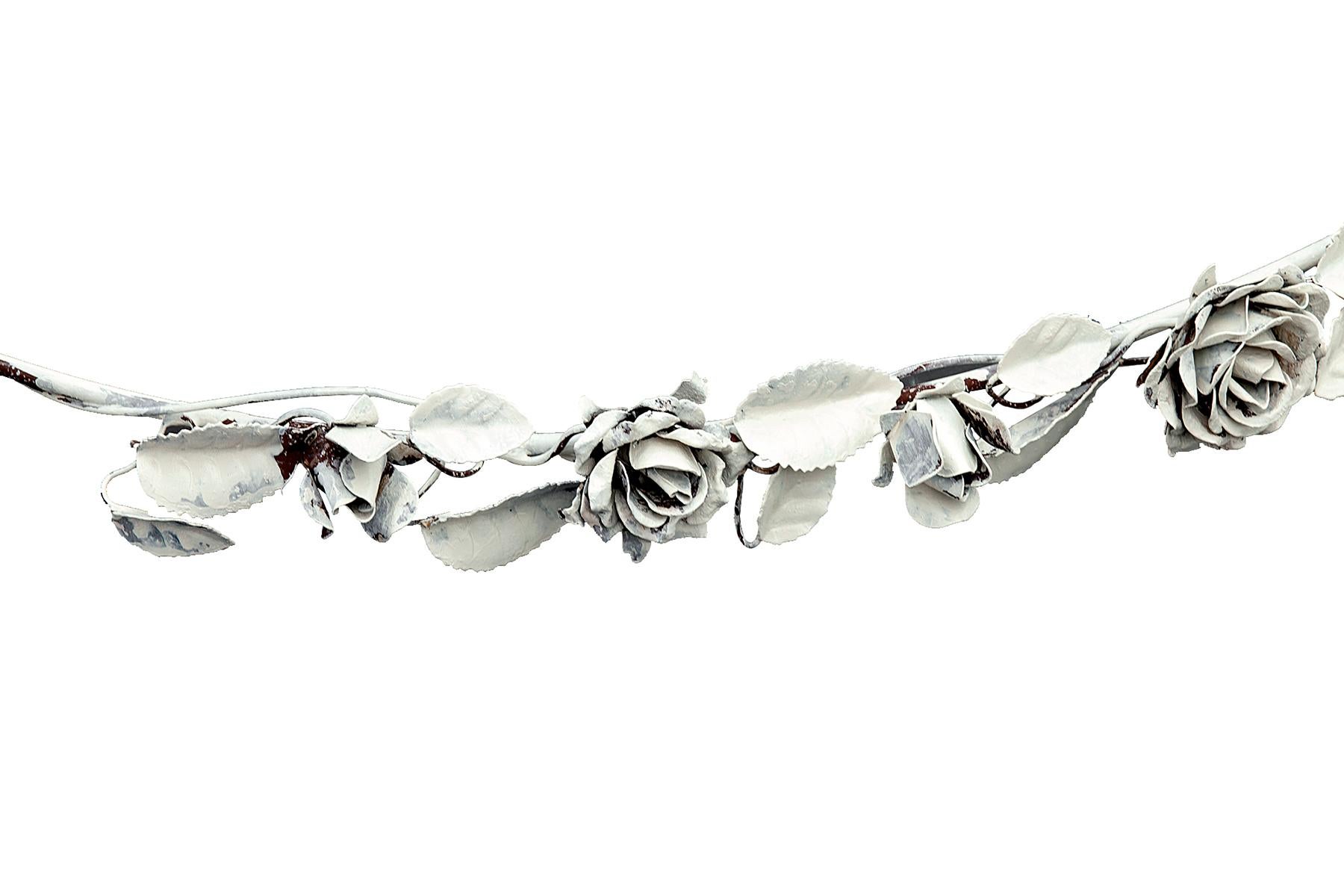 Italian Handmade Iron Crown Header in Flowers & Leaves with Curtain Rod For Sale