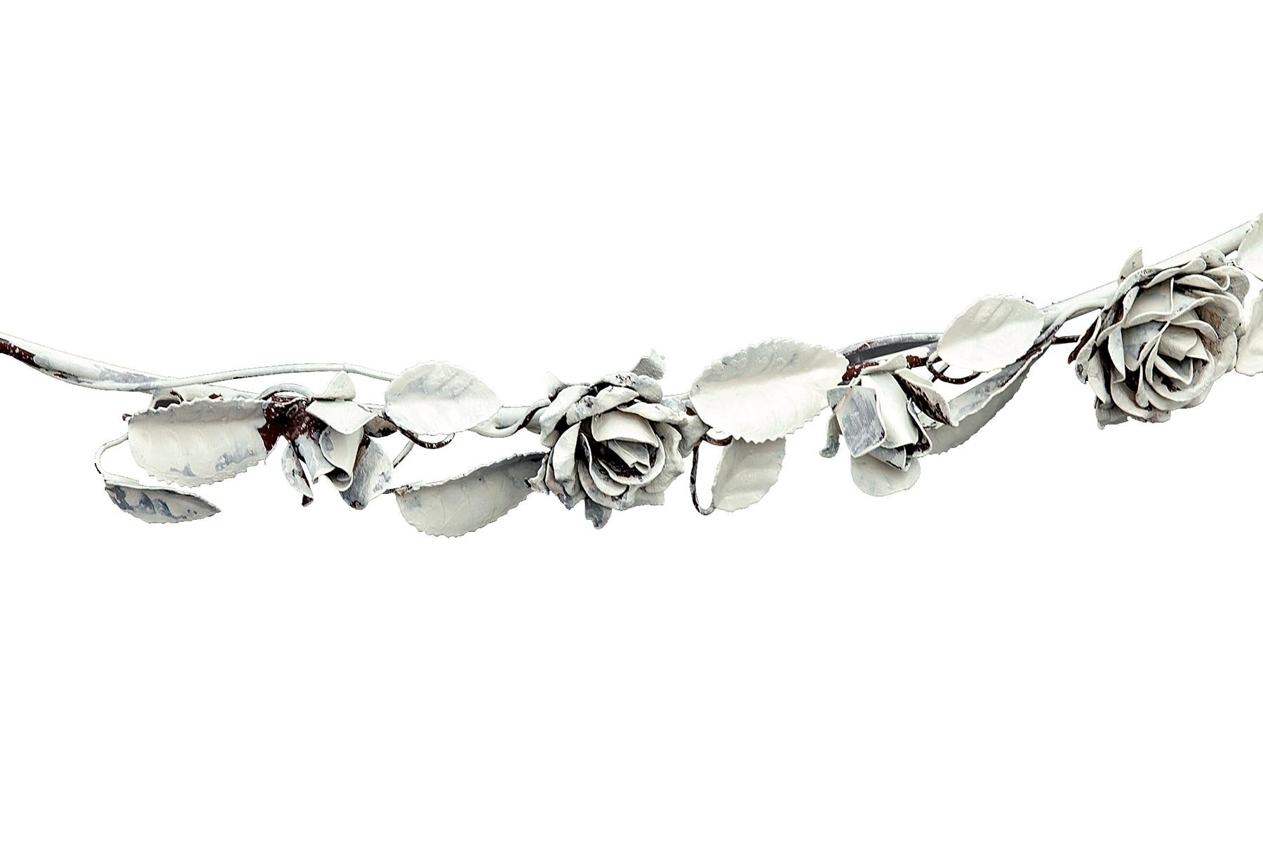 Italian Handmade Iron Crown Header in Flowers & Leaves with Curtain Rod & New Drapes For Sale