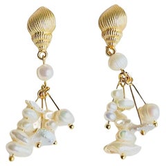 Handmade Irregular White Pearls Beads Tassel Conch Shell Drop Clip Earrings