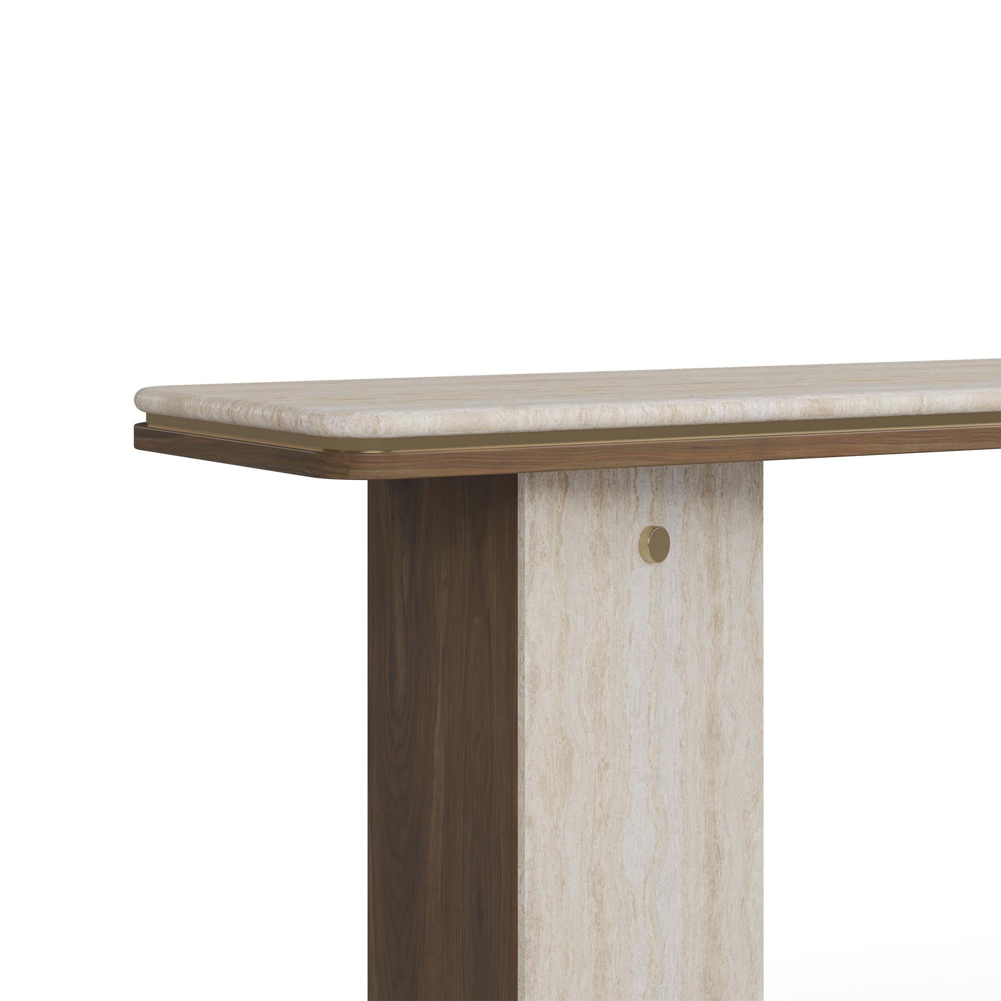 Portuguese Handmade Isa Console Table in Walnut and Travertine by Nolita Harbour For Sale