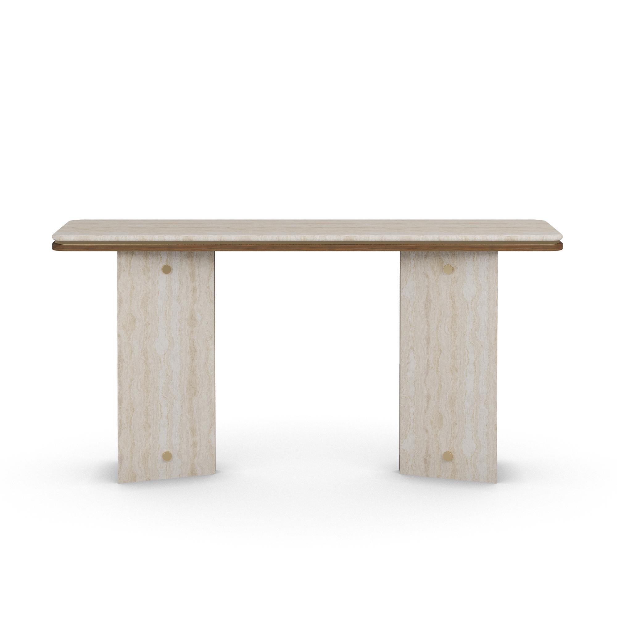 Hand-Crafted Handmade Isa Console Table in Walnut and Travertine by Nolita Harbour For Sale