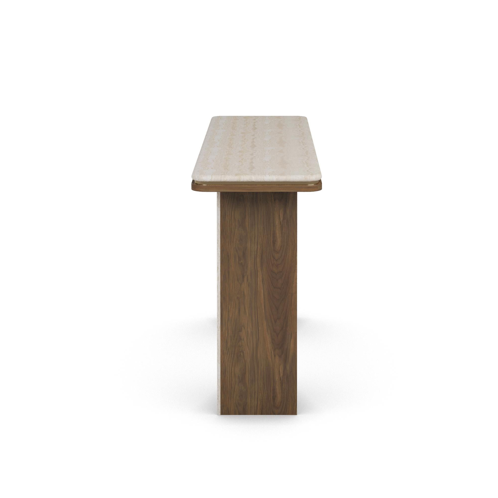 Contemporary Handmade Isa Console Table in Walnut and Travertine by Nolita Harbour For Sale