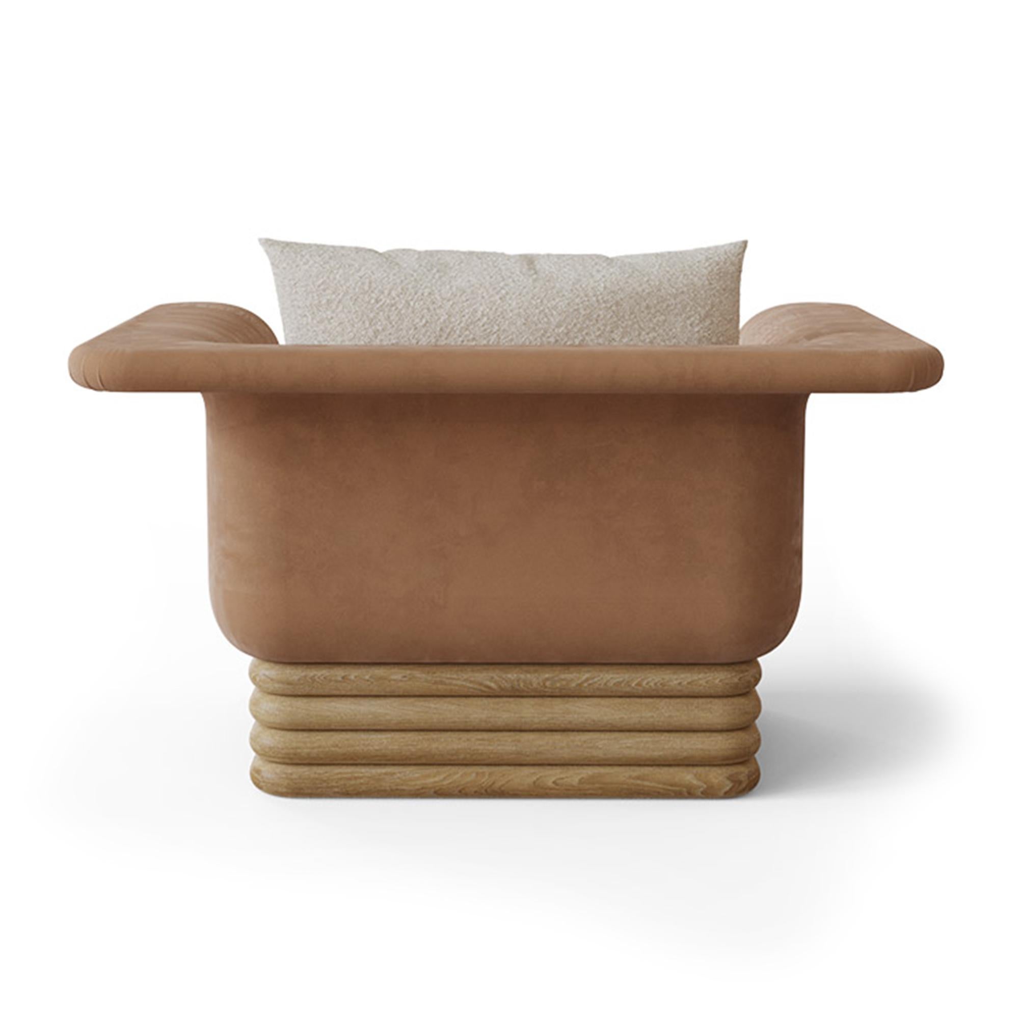 Portuguese Handmade Isabella Armchair with Velvet & Ribbed Wooden Base by Nolita Harbour For Sale