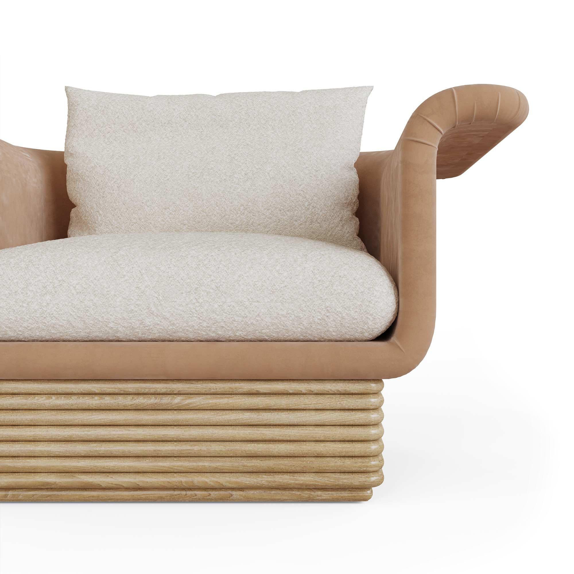 Hand-Crafted Handmade Isabella Armchair with Velvet & Ribbed Wooden Base by Nolita Harbour For Sale