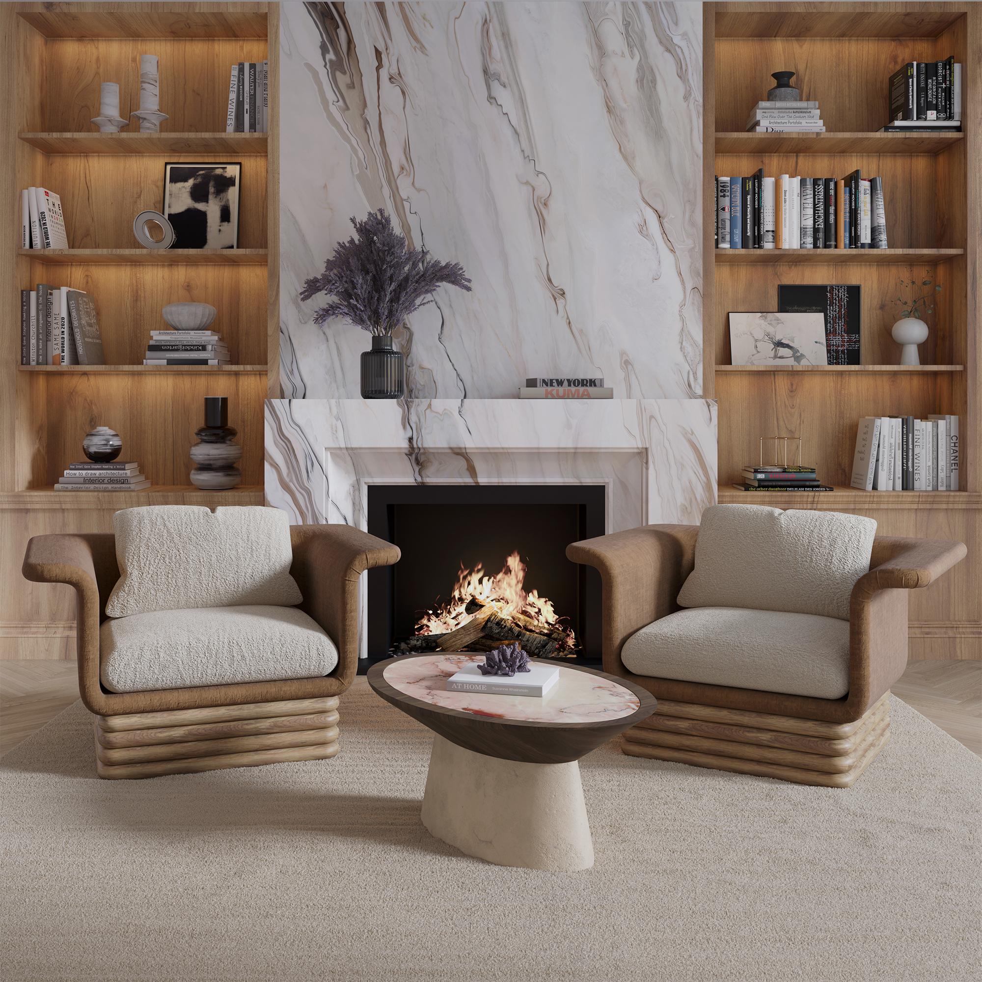 Bouclé Handmade Isabella Armchair with Velvet & Ribbed Wooden Base by Nolita Harbour For Sale