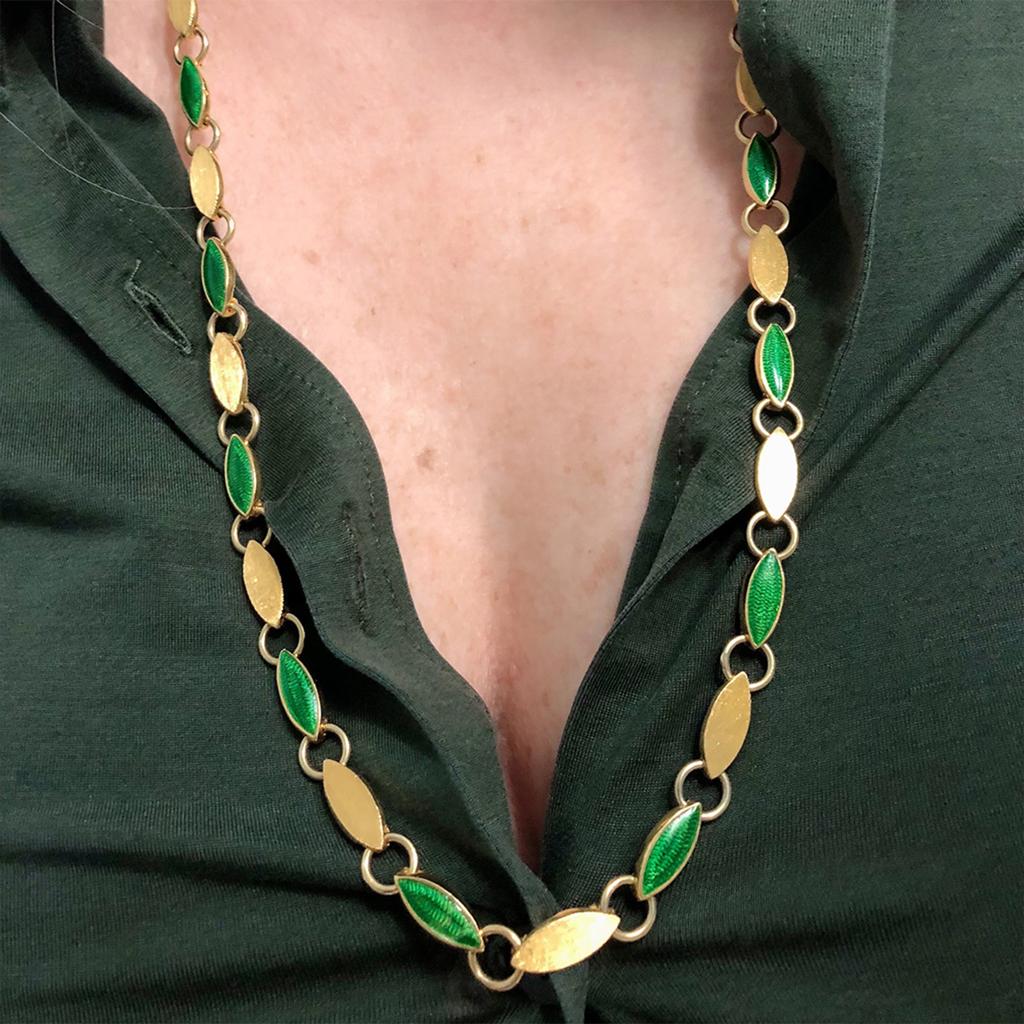 Women's or Men's Handmade Italian Guilloche Green Enamel Long Link Necklace, circa 1970