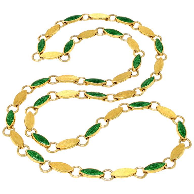 Handmade Italian Guilloche Green Enamel Long Link Necklace, circa 1970