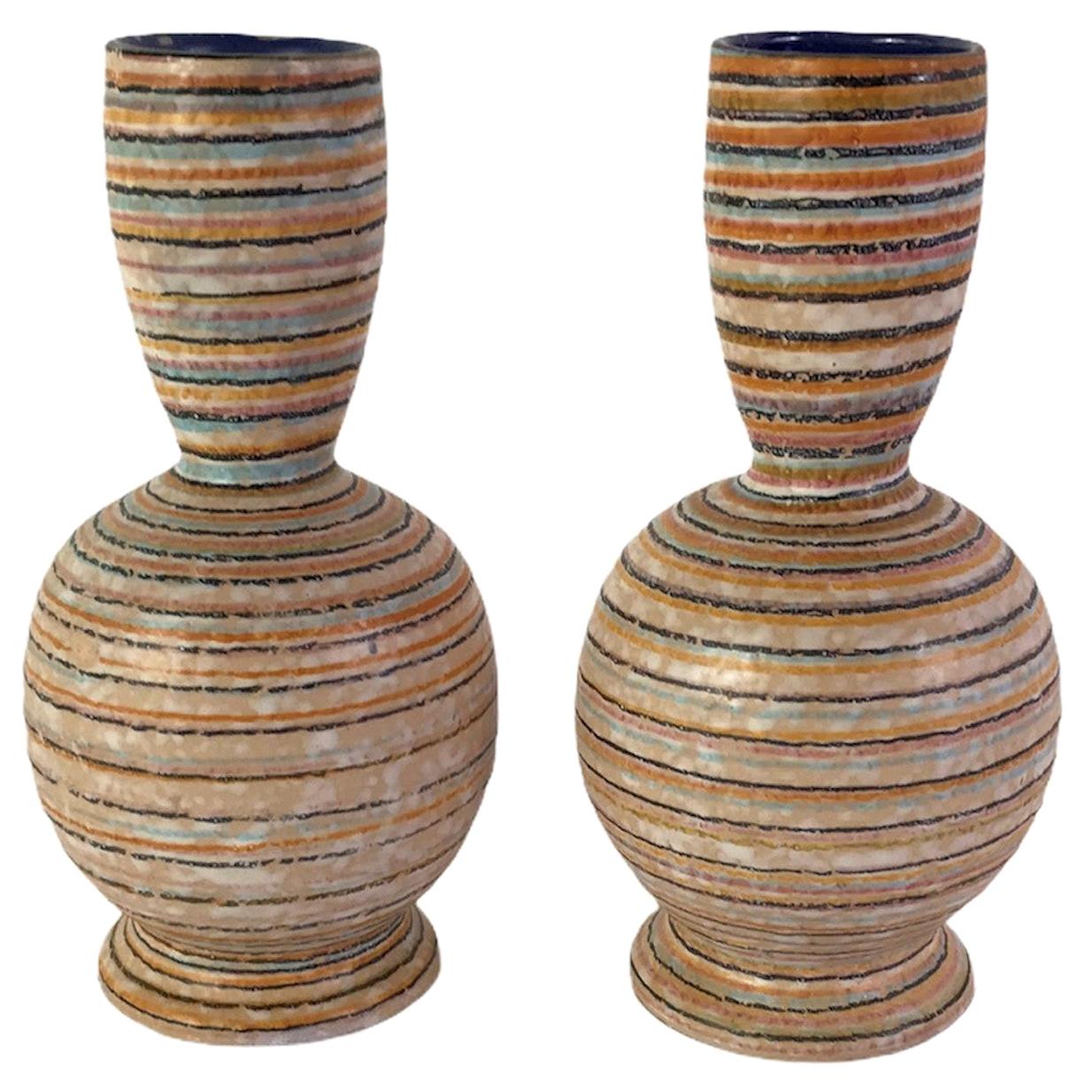 Handmade Italian Modern Striped Pottery Vases Retailed by Guildcraft 1960s, Pair
