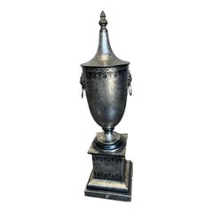 Handmade Italian Silver Metal Urn with Lion’s Head Handles, Classic Art Pottery