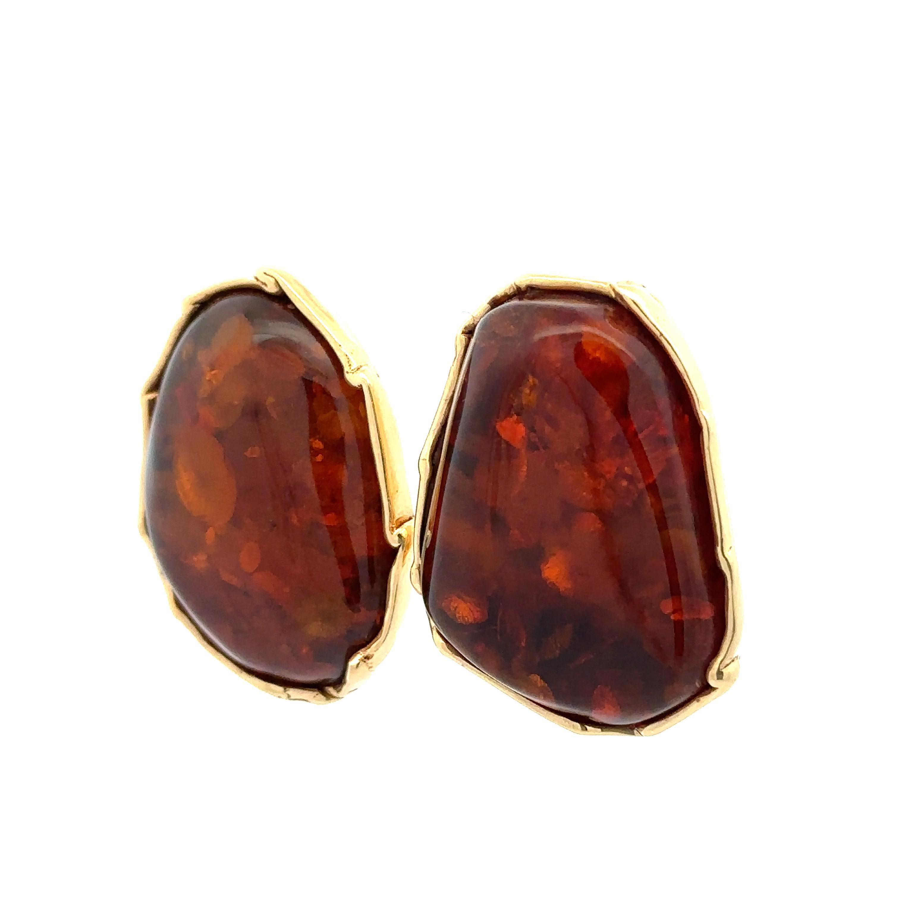 Women's Handmade J. Bjerring Sorensen Denmark 14k Yellow Gold Amber Clip On Earrings For Sale