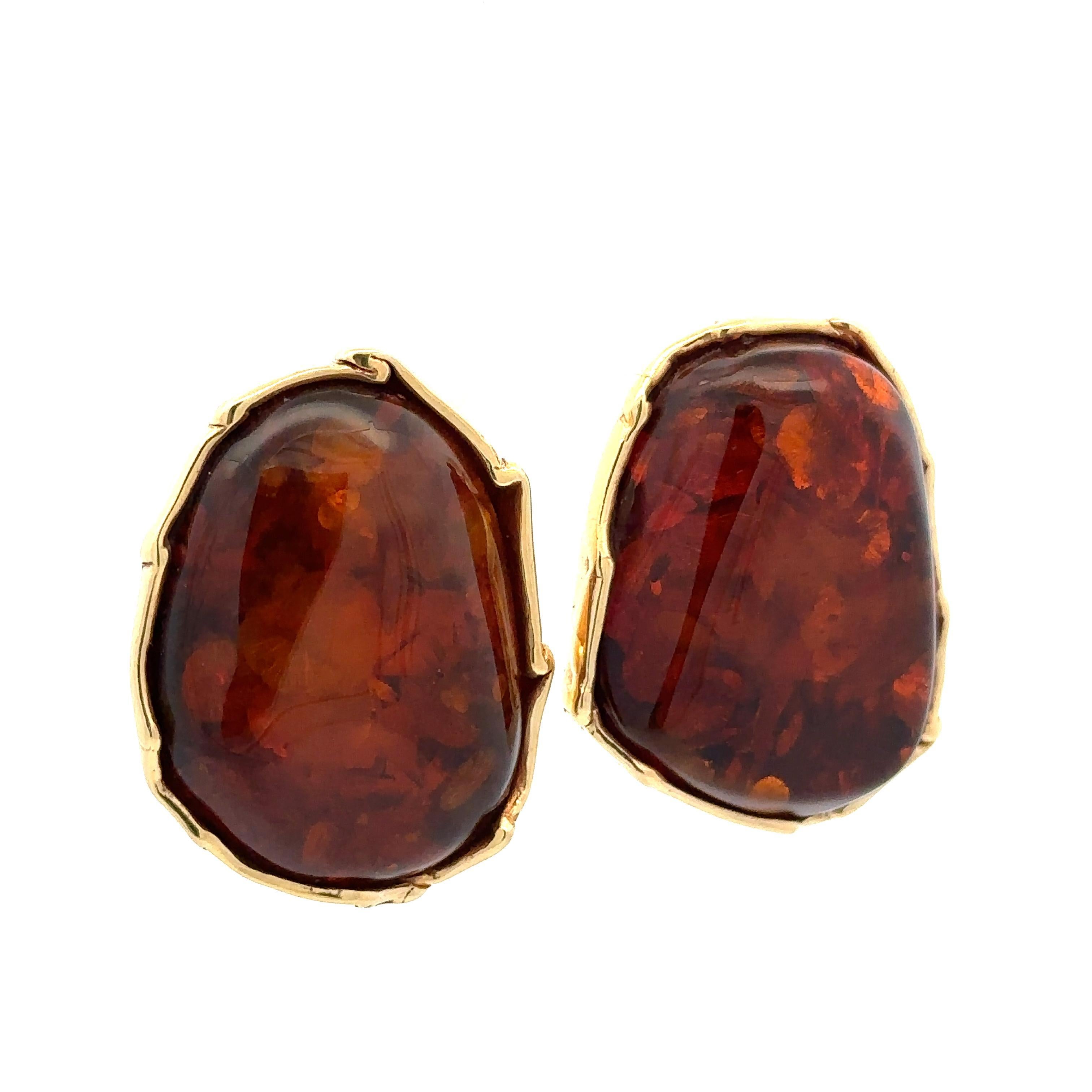 Handmade J. Bjerring Sorensen Denmark 14k Yellow Gold Amber Clip On Earrings For Sale 1