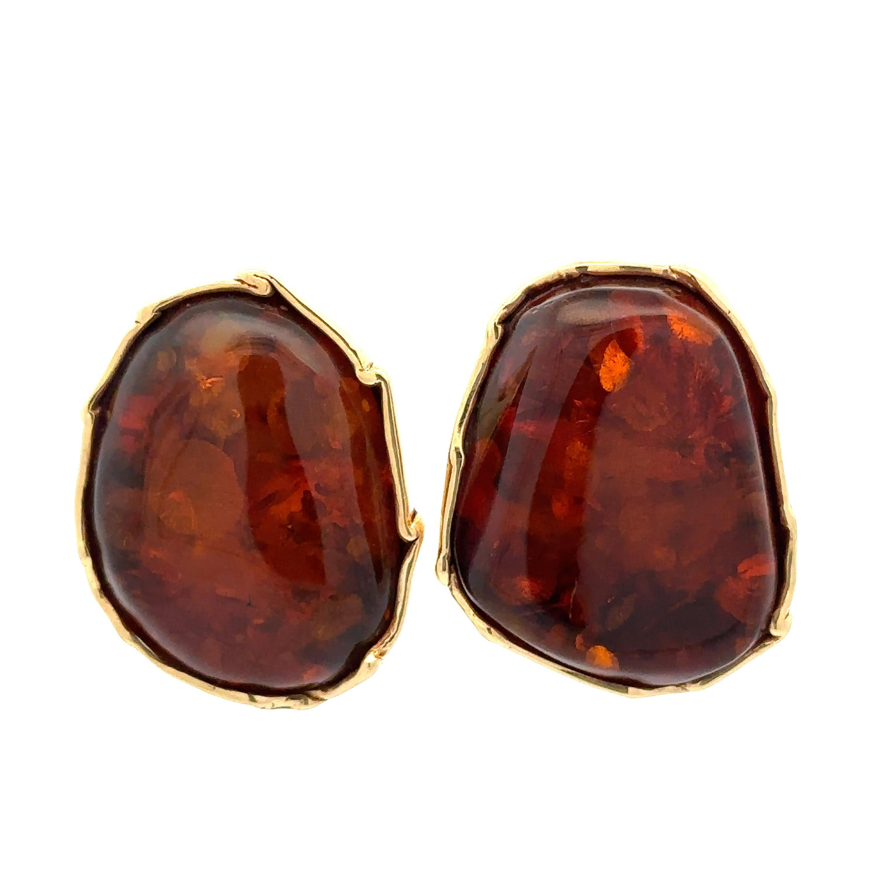 Handmade J. Bjerring Sorensen Denmark 14k Yellow Gold Amber Clip On Earrings For Sale 2