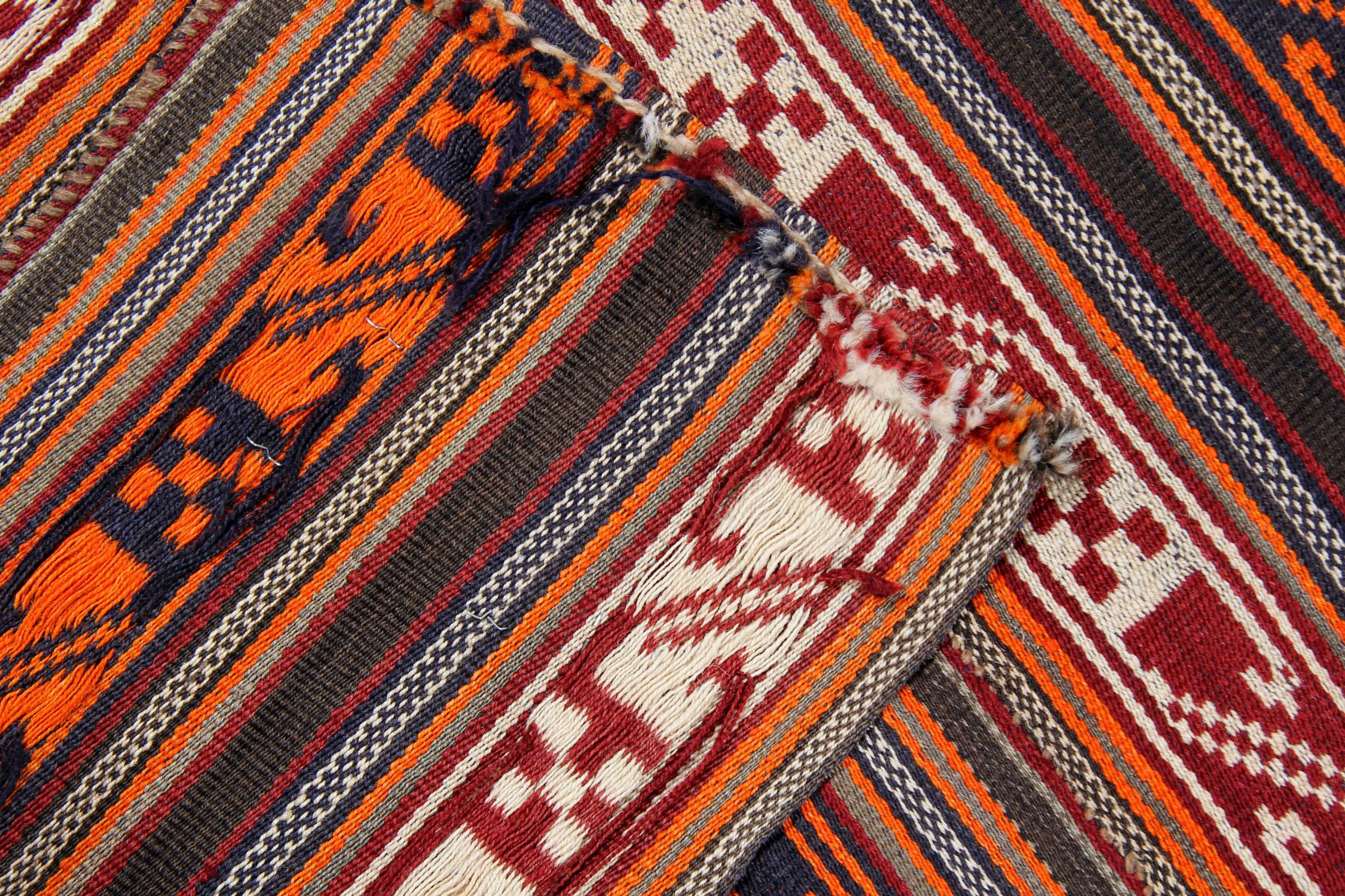 Azerbaijani Handmade Jajim Tapestry Rug from Orange Azerbaijan Wool Flat-Weave For Sale