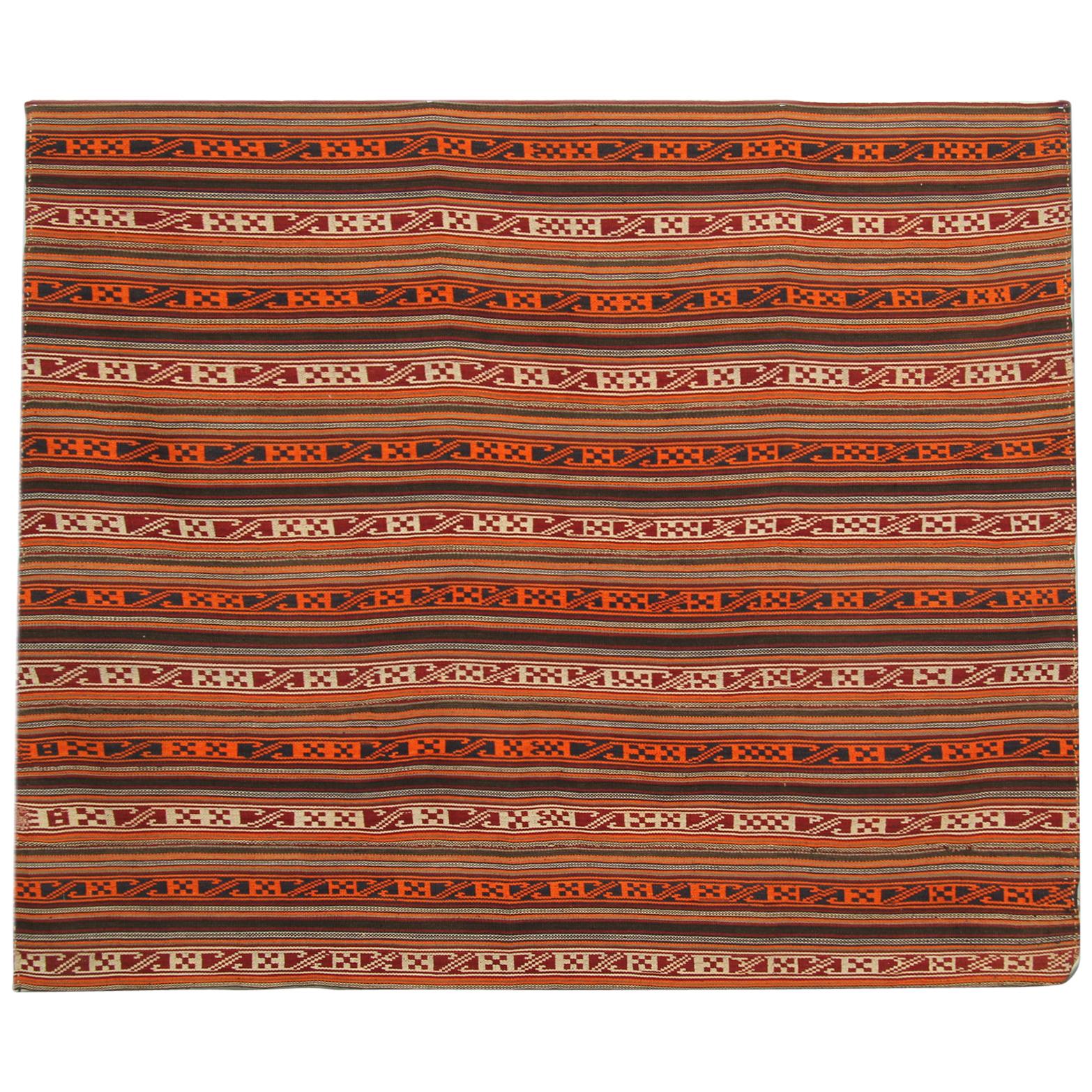 Handmade Jajim Tapestry Rug from Orange Azerbaijan Wool Flat-Weave