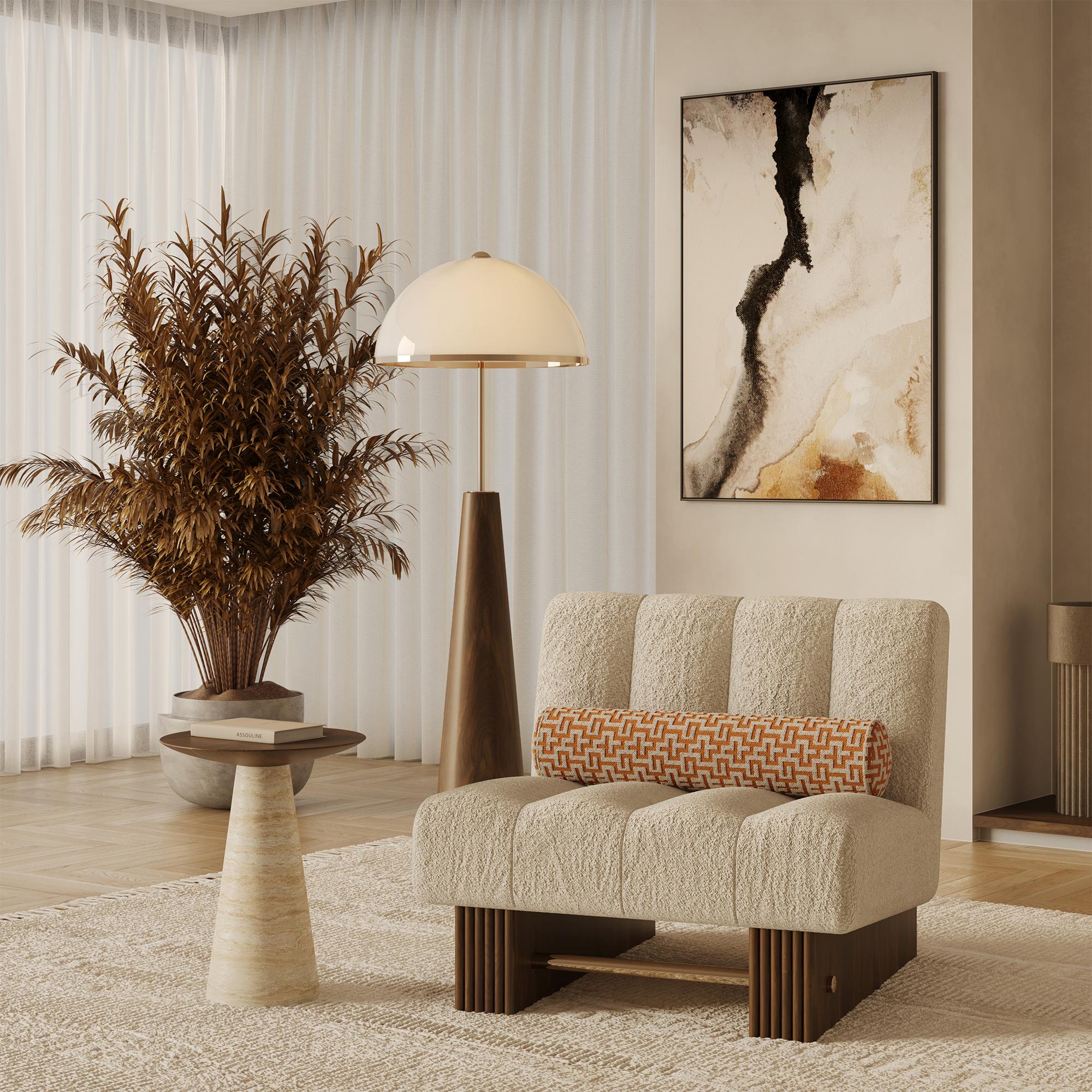 Le lampadaire James est une pièce d'affirmation raffinée qui incarne l'élégance intemporelle et la sophistication moderne. Fabriqué avec une élégante base conique en noyer, il apporte chaleur et beauté organique à n'importe quel espace. L'abat-jour
