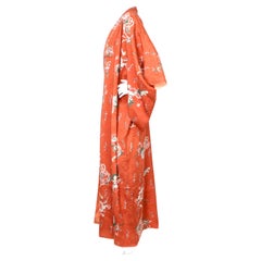 Handmade Japanese Burnt Orange Floral Print Silk Kimono circa 1950s