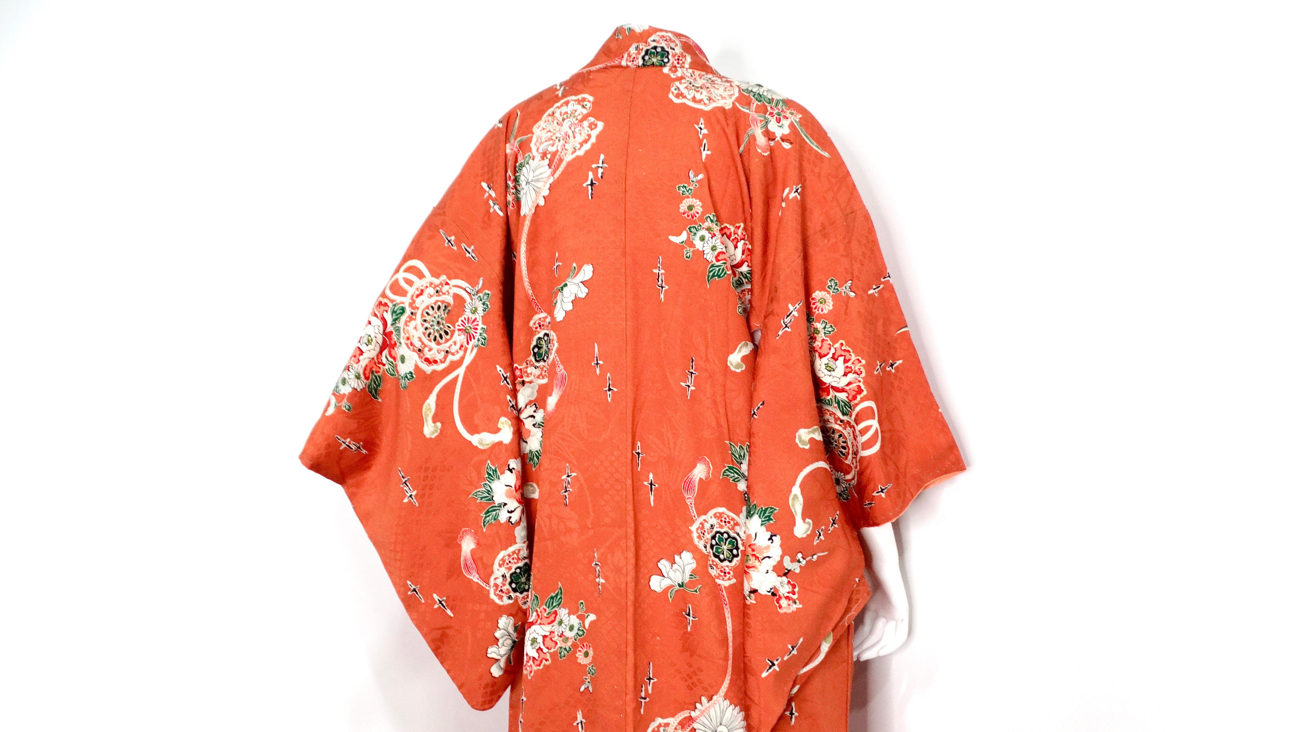 Kimono di seta con stampa floreale arancione bruciato fatto a mano, circa anni '50 in vendita 2