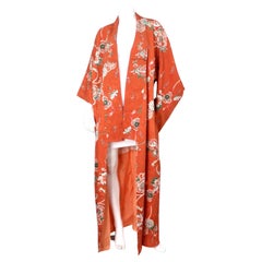 Handmade Japanese Burnt Orange Floral Print Silk Kimono circa 1950s