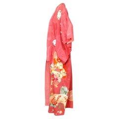 Handmade Japanese Coral Floral Print Silk Kimono circa 1950s