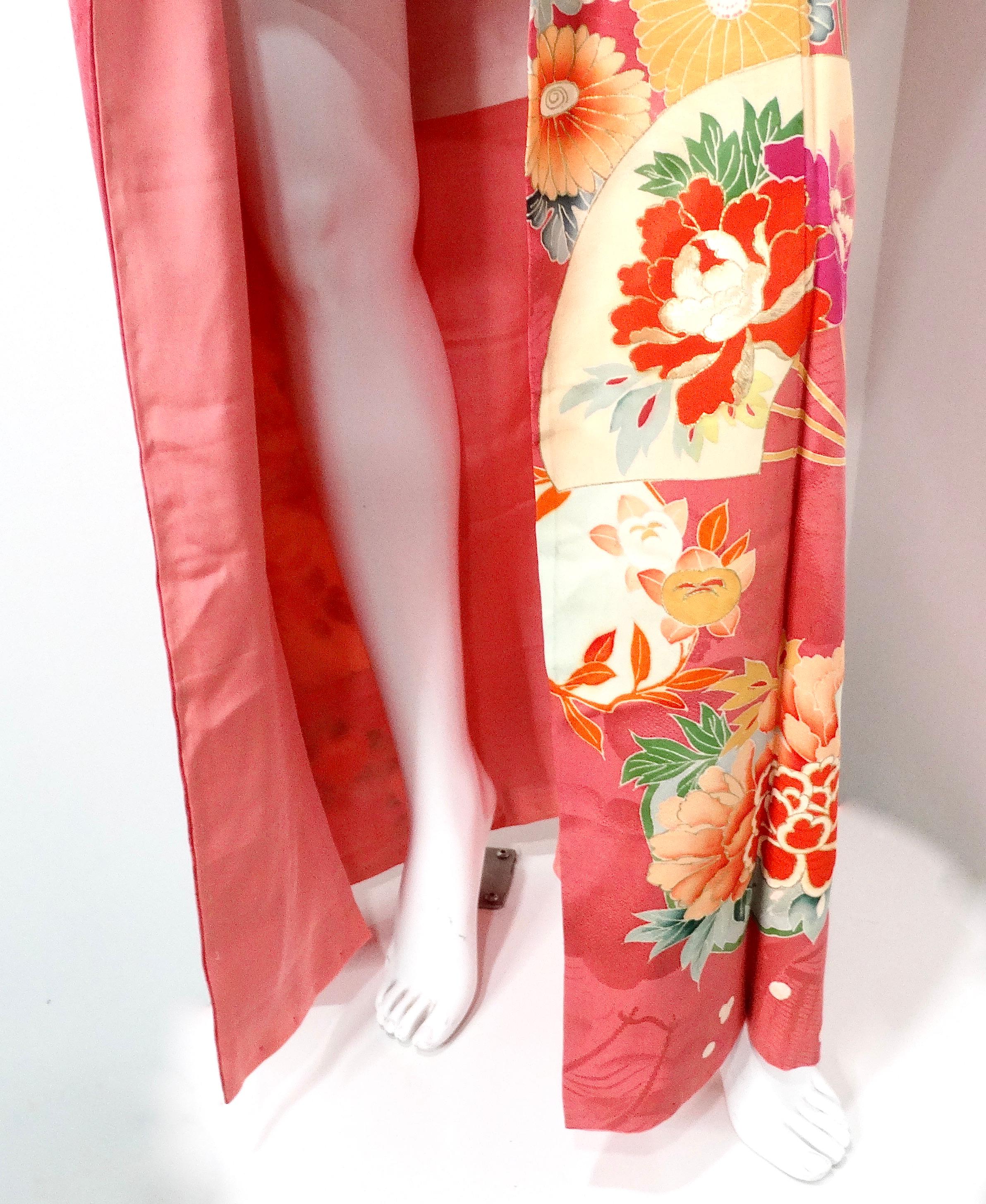 Red Handmade Japanese Coral Floral Print Silk Kimono circa 1950s For Sale