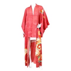 Handmade Japanese Coral Floral Print Silk Kimono circa 1950s
