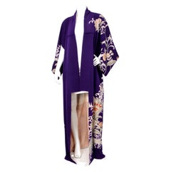 Handmade Japanese Purple Floral Print Silk Kimono circa 1950s