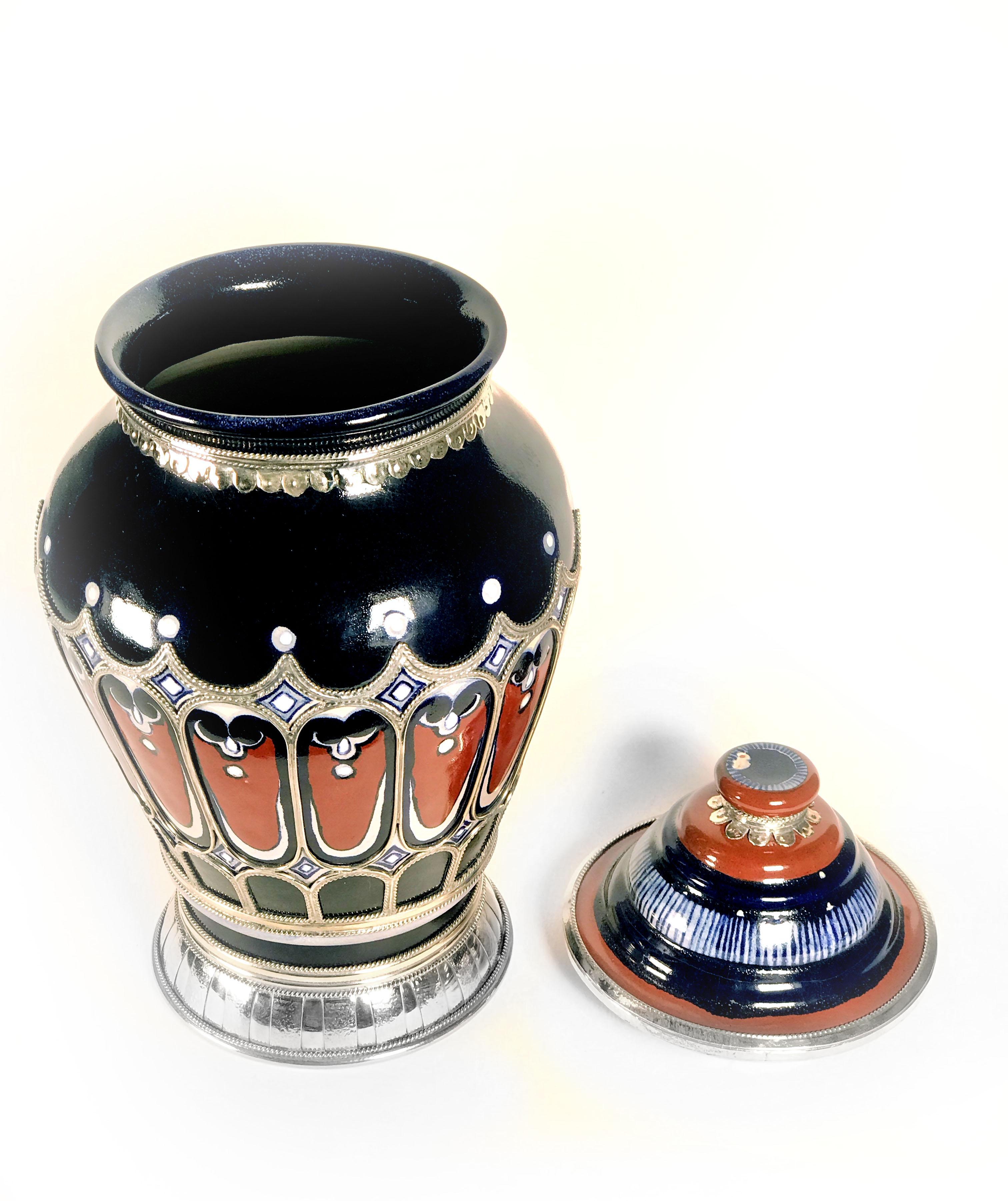 Contemporary Handmade Jar, Ceramic and White Metal ‘Alpaca’, One of a Kind