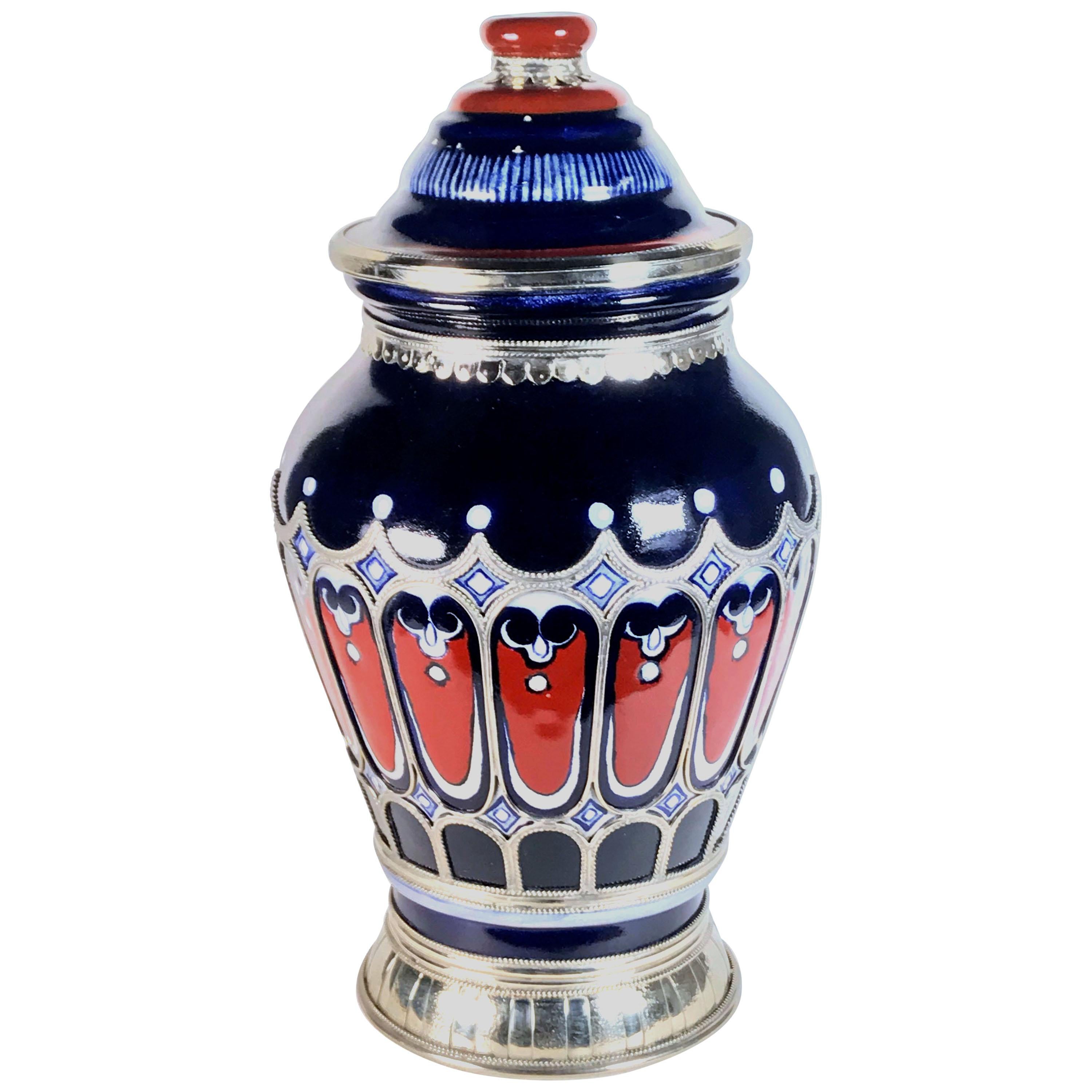 Handmade Jar, Ceramic and White Metal ‘Alpaca’, One of a Kind