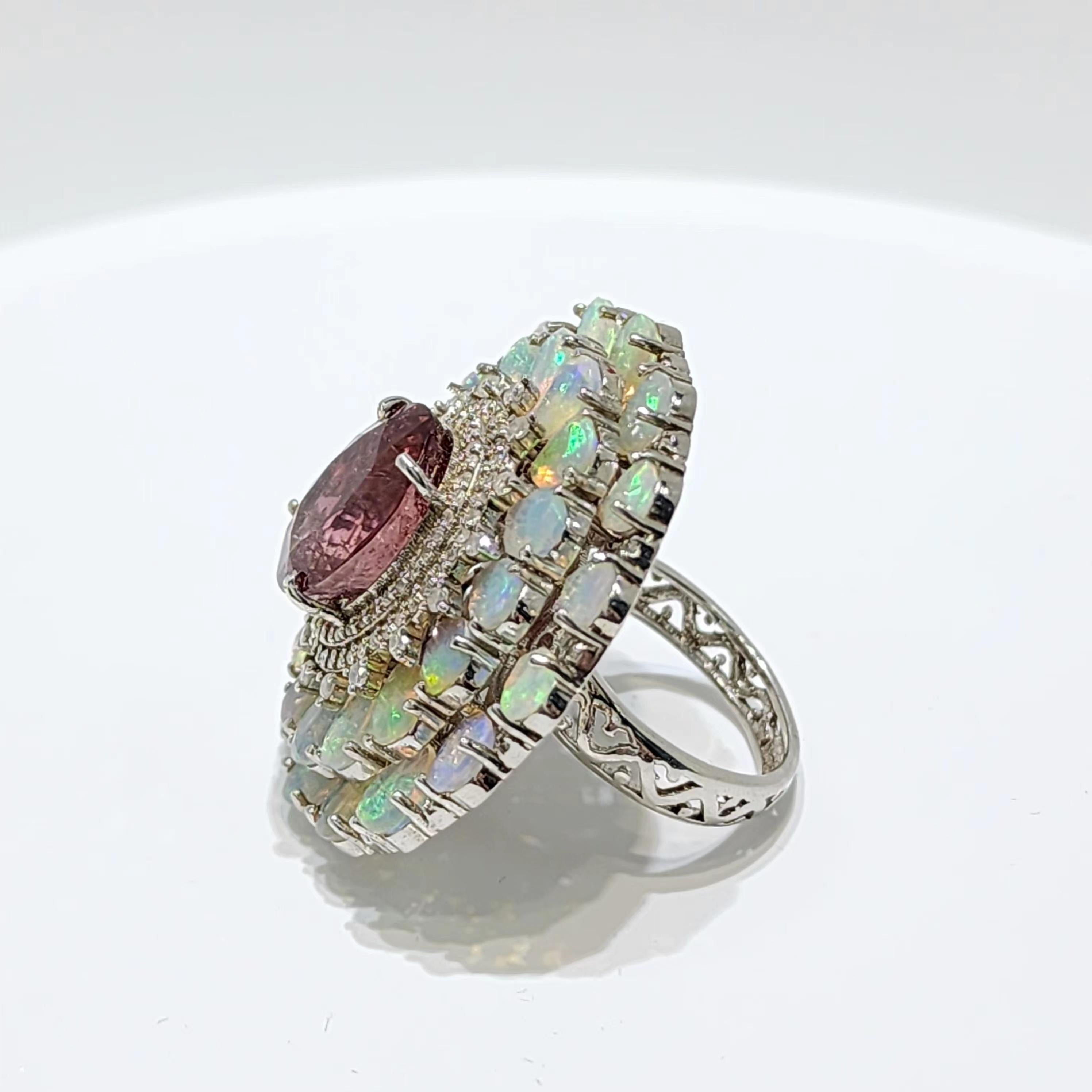 Cabochon Art Deco 16.58 Ct Tourmaline Opal Ring and 0.58Ct Natural Diamond  in Silver For Sale