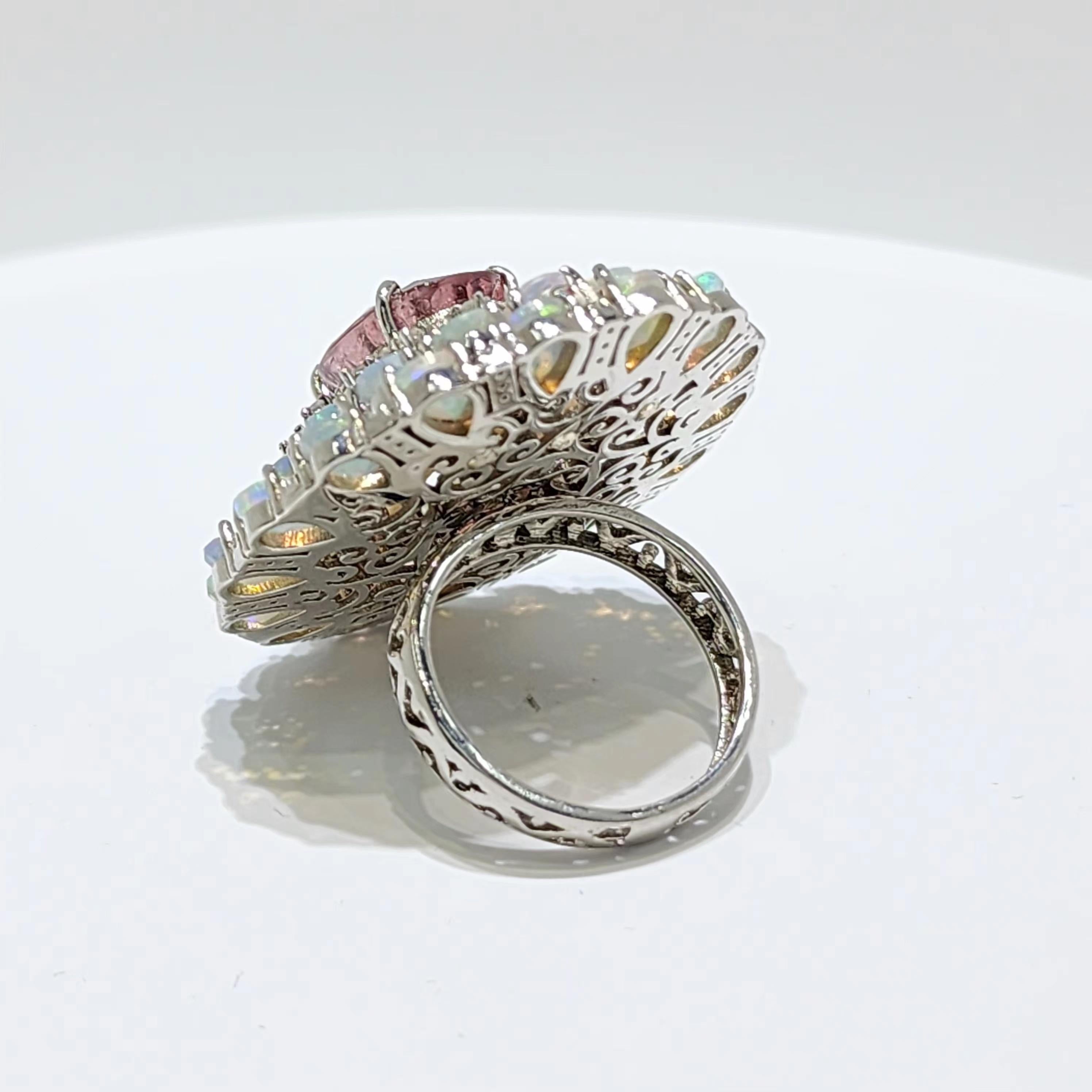 Women's Art Deco 16.58 Ct Tourmaline Opal Ring and 0.58Ct Natural Diamond  in Silver For Sale