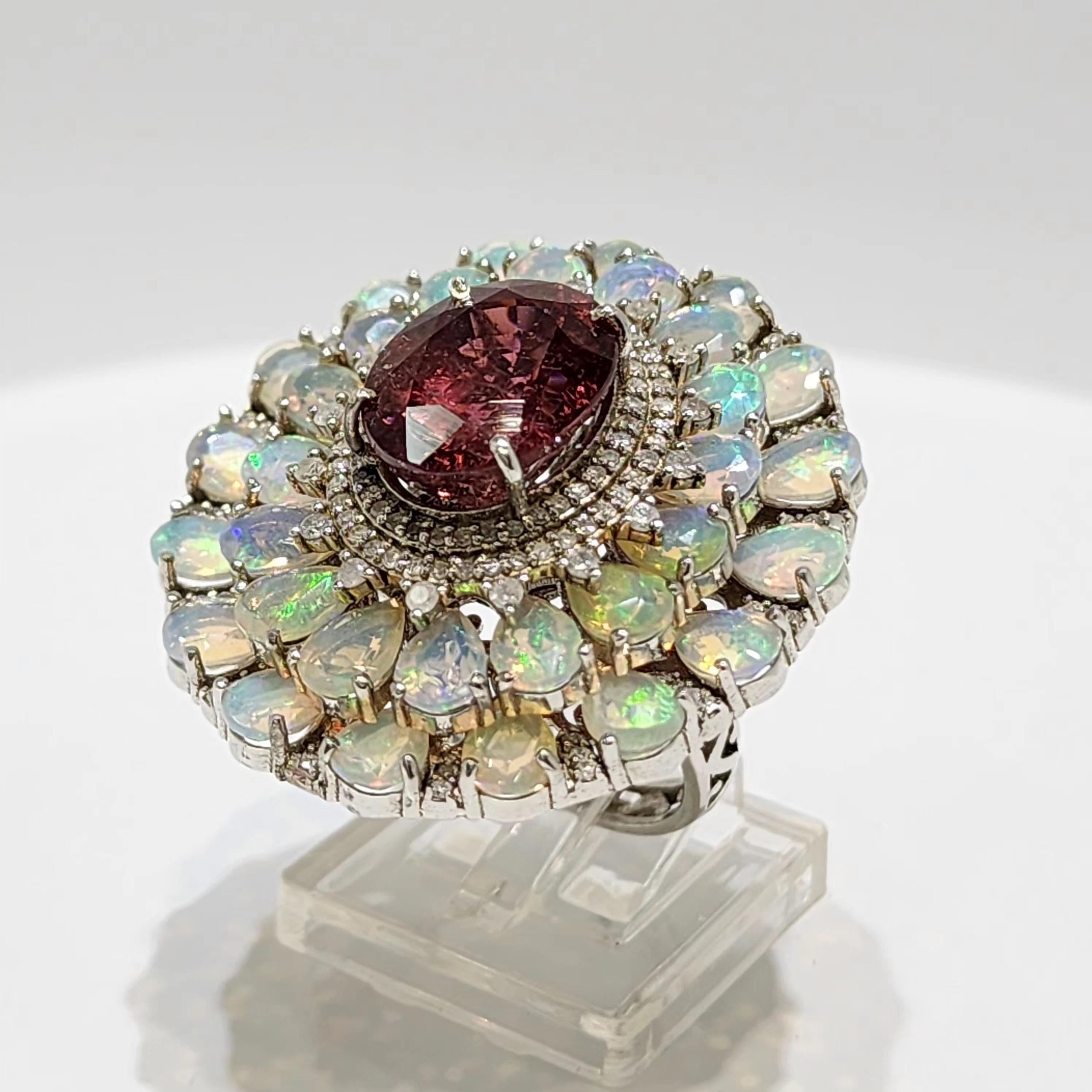 Art Deco 16.58 Ct Tourmaline Opal Ring and 0.58Ct Natural Diamond  in Silver For Sale 1