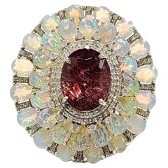 Art Deco 16.58 Ct Tourmaline Opal Ring and 0.58Ct Natural Diamond  in Silver