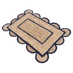 Handgefertigter flacher Jute-Teppich mit Flachgewebe, 2x3 Jute-Blauer Rand mit Wellenschliff, indischer Dhurrie